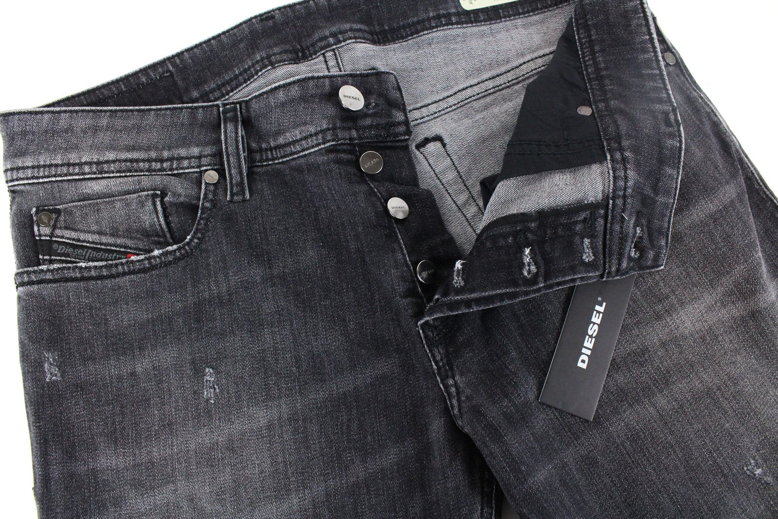 DIESEL Troxer R4NQ8 vyriški džinsai W31/L30 Slim Fit, skalbtos pilkos spalvos, tamprios medvilnės medžiagos 