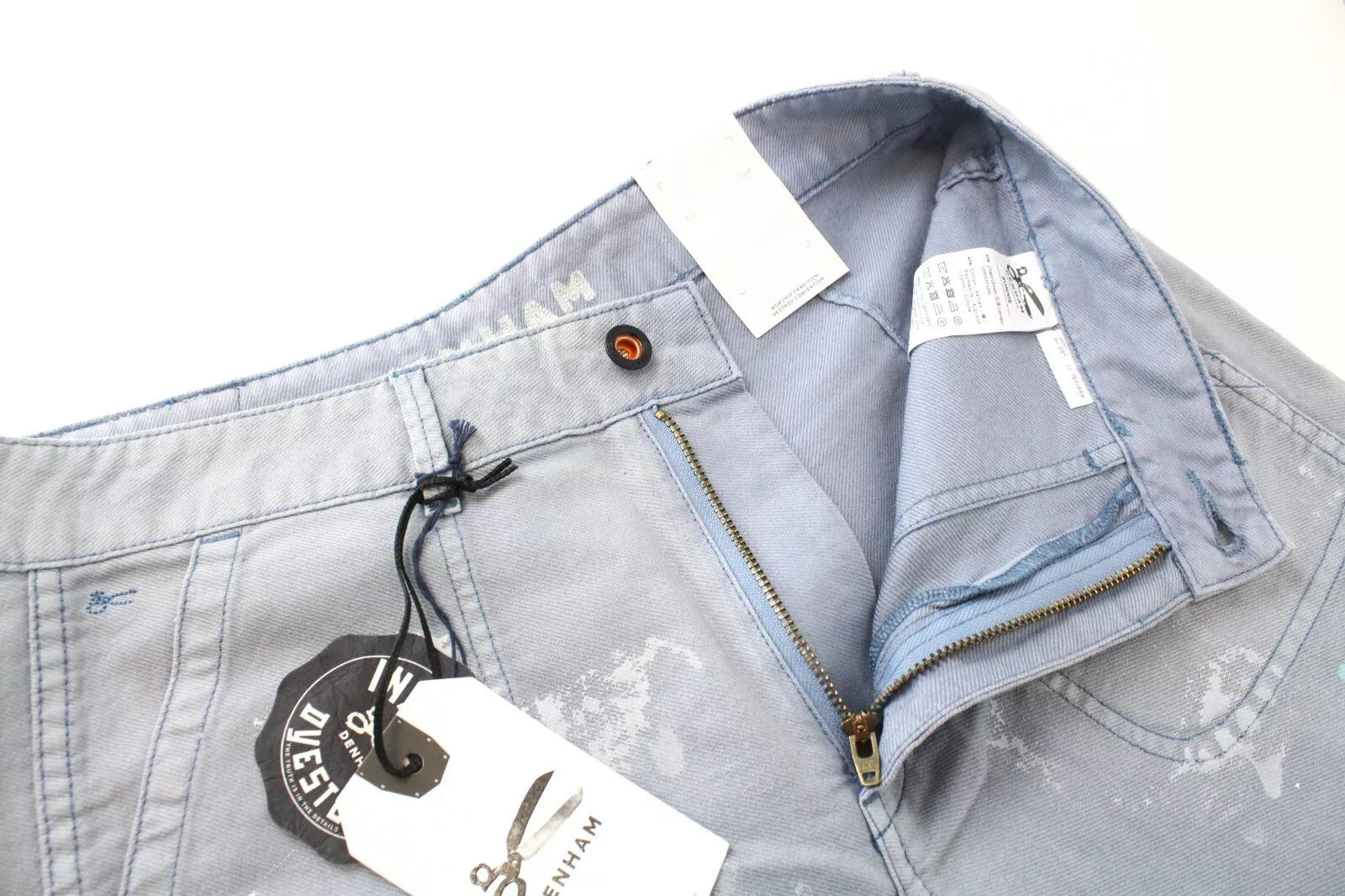 DENHAM Bonnie Women's Wide Fit Pants W26/L28 Blue Linen Cotton Painted Look