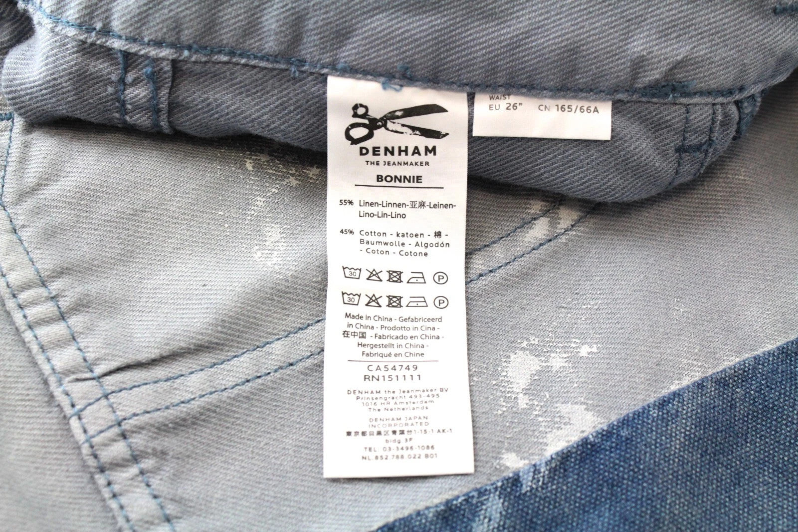 DENHAM Bonnie Women's Wide Fit Pants W26/L28 Blue Linen Cotton Painted Look