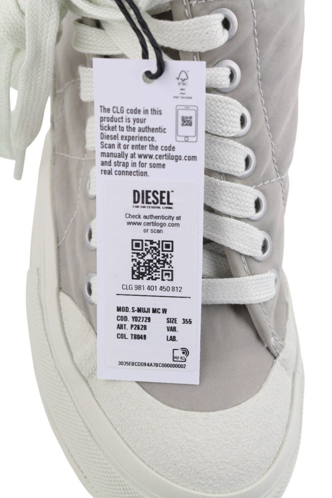 DIESEL S-Muji moteriški sportbačiai pilki, aukšta pakulnė, nėriniuoti, dygsniuoti, RRP 180 € 