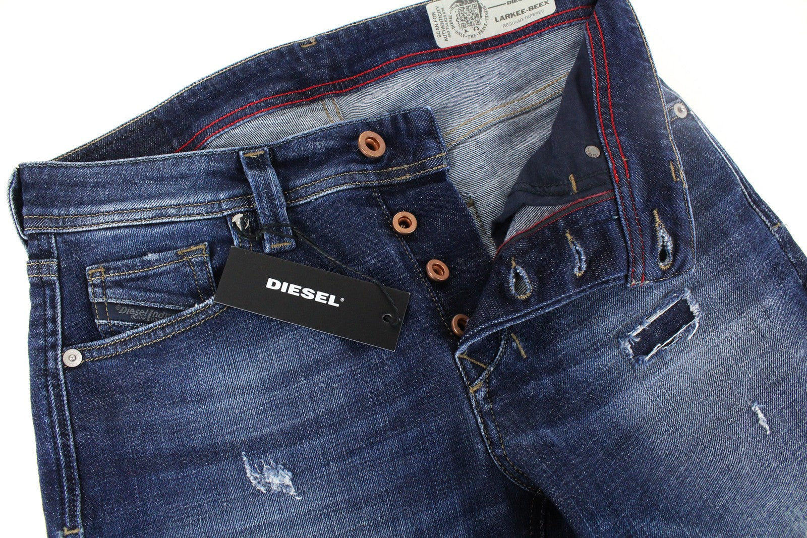 DIESEL Larkee-Beex 084QT Men's Jeans W26/L30 Tapered Fit Blue Cotton Ripped