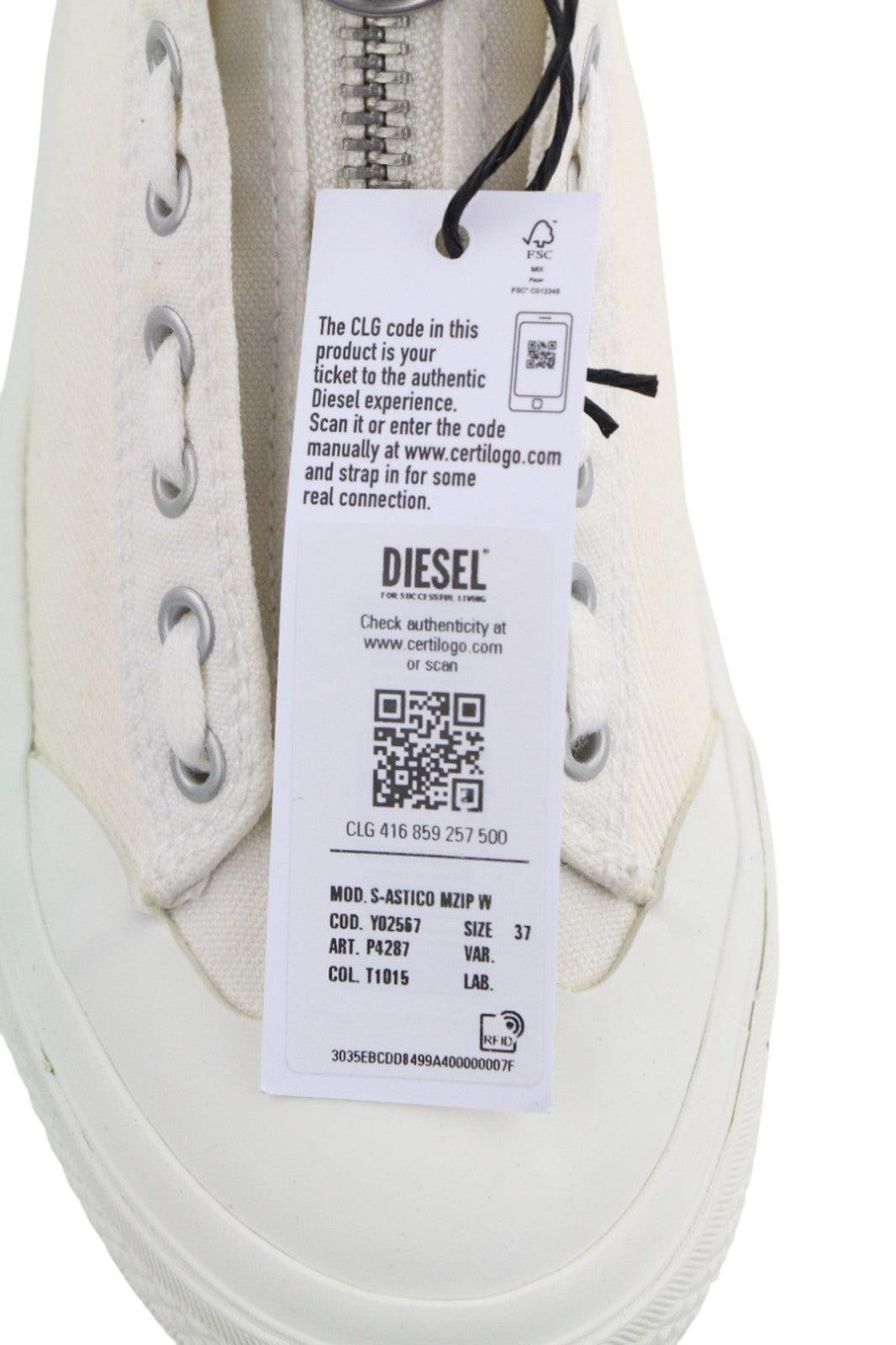 DIESEL S-Astico MZIP moteriški sportbačiai EU37 UK5 balti aukštakulniai su nėriniuotais užtrauktukais, rekomenduojama kaina – 180 € 