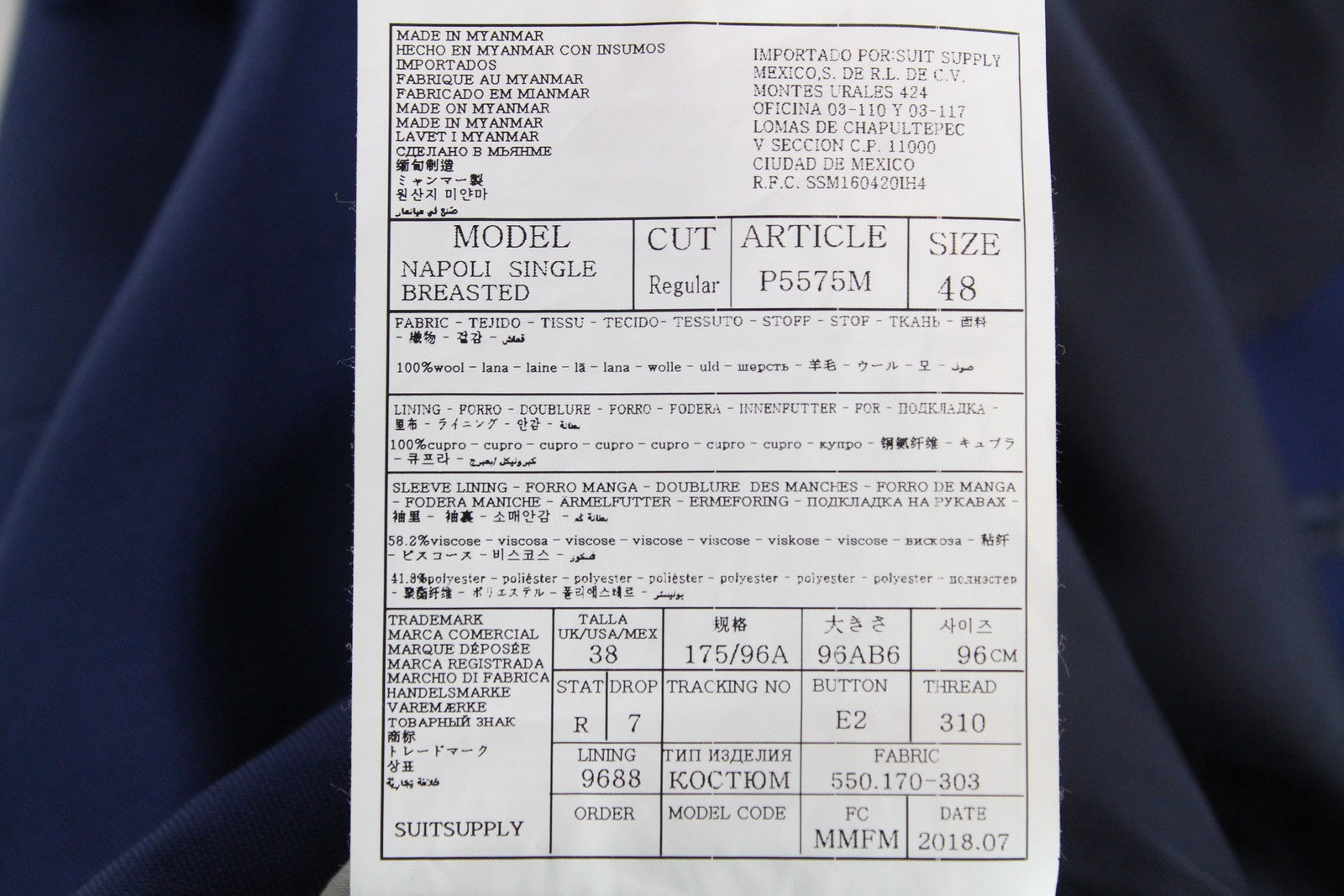 SUITSUPPLY Napoli Men's Blazer UK38R Super 110's Wool Blue Single-Breasted