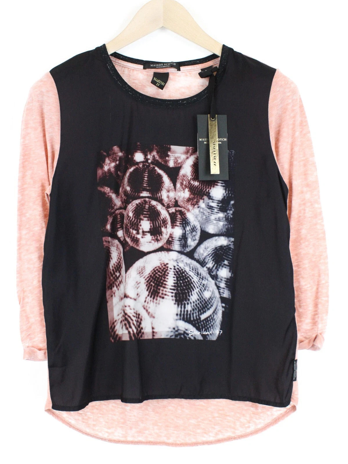 MAISON SCOTCH Women's Tee S Pink Disco Print Cotton Blend 3/4 Sleeve Top