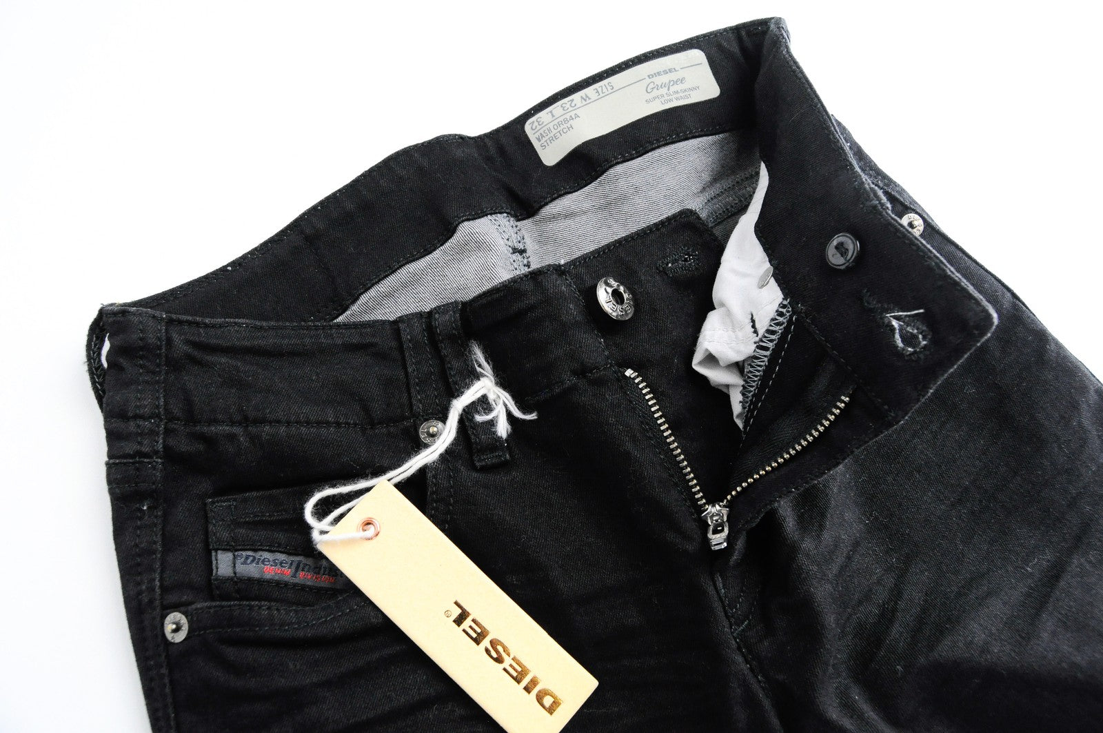 DIESEL Groupee 0R84A moteriški juodi džinsai W23/L32 žemo juosmens, itin ploni, aptempti