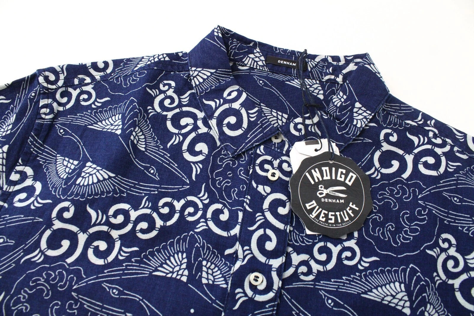DENHAM Stories vyriški marškiniai su tamsiai mėlyna spalva, medvilniniai lininiai ilgomis rankovėmis, raštuoti, su sagomis 