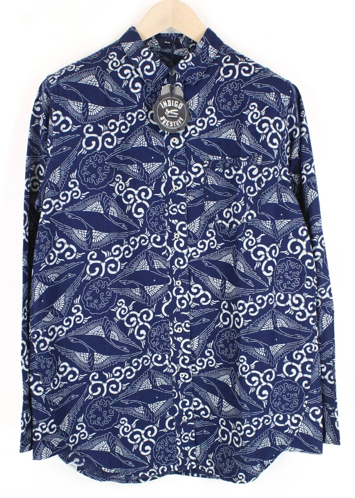 DENHAM Stories vyriški marškiniai su tamsiai mėlyna spalva, medvilniniai lininiai ilgomis rankovėmis, raštuoti, su sagomis 