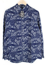 DENHAM Stories vyriški marškiniai su tamsiai mėlyna spalva, medvilniniai lininiai ilgomis rankovėmis, raštuoti, su sagomis 