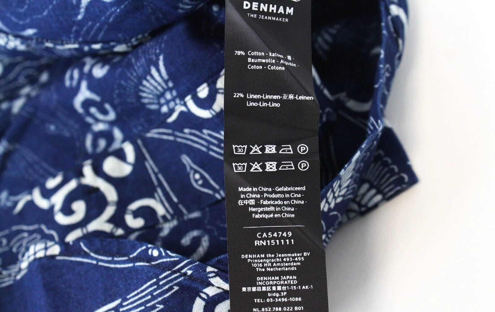 DENHAM Stories vyriški marškiniai su tamsiai mėlyna spalva, medvilniniai lininiai ilgomis rankovėmis, raštuoti, su sagomis 