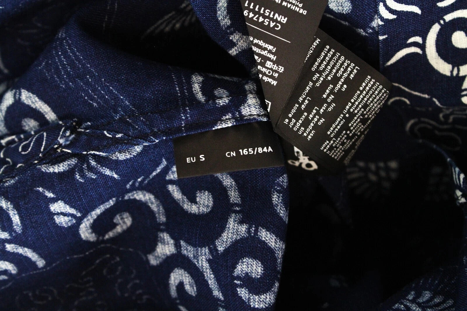 DENHAM Stories vyriški marškiniai su tamsiai mėlyna spalva, medvilniniai lininiai ilgomis rankovėmis, raštuoti, su sagomis 