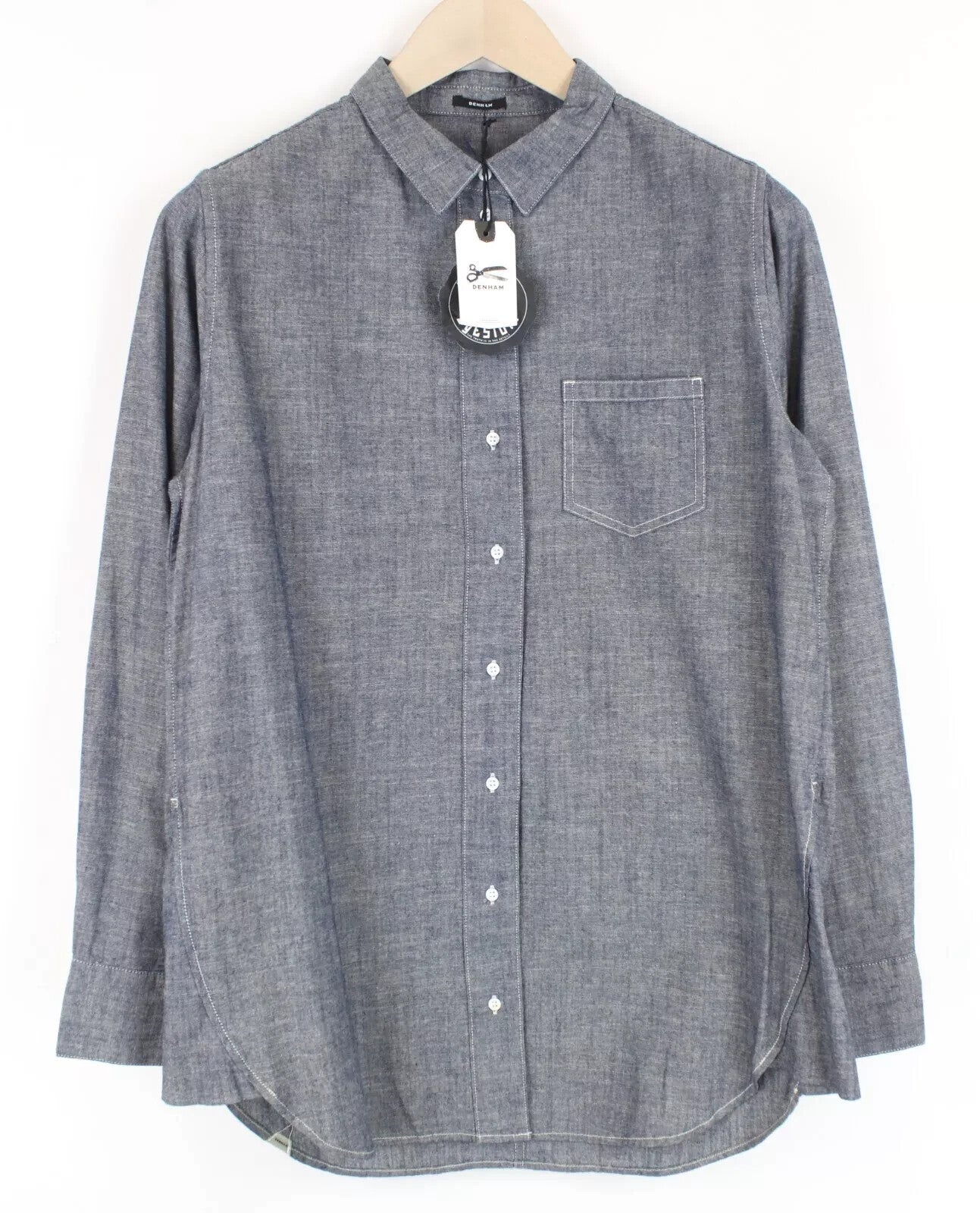 DENHAM Stories vyriški marškinėliai M mėlyni medvilniniai ilgomis rankovėmis su kišene ir sagomis apykakle