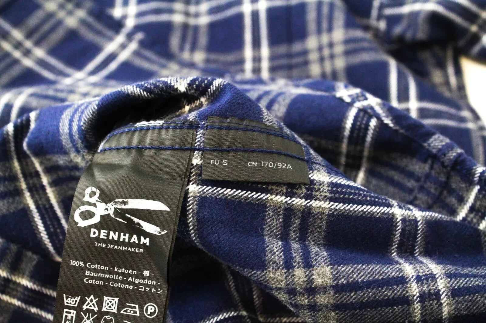 DENHAM vyriški marškiniai, mėlyni, flaneliniai, medvilniniai, languoti, ilgomis rankovėmis, S dydžio