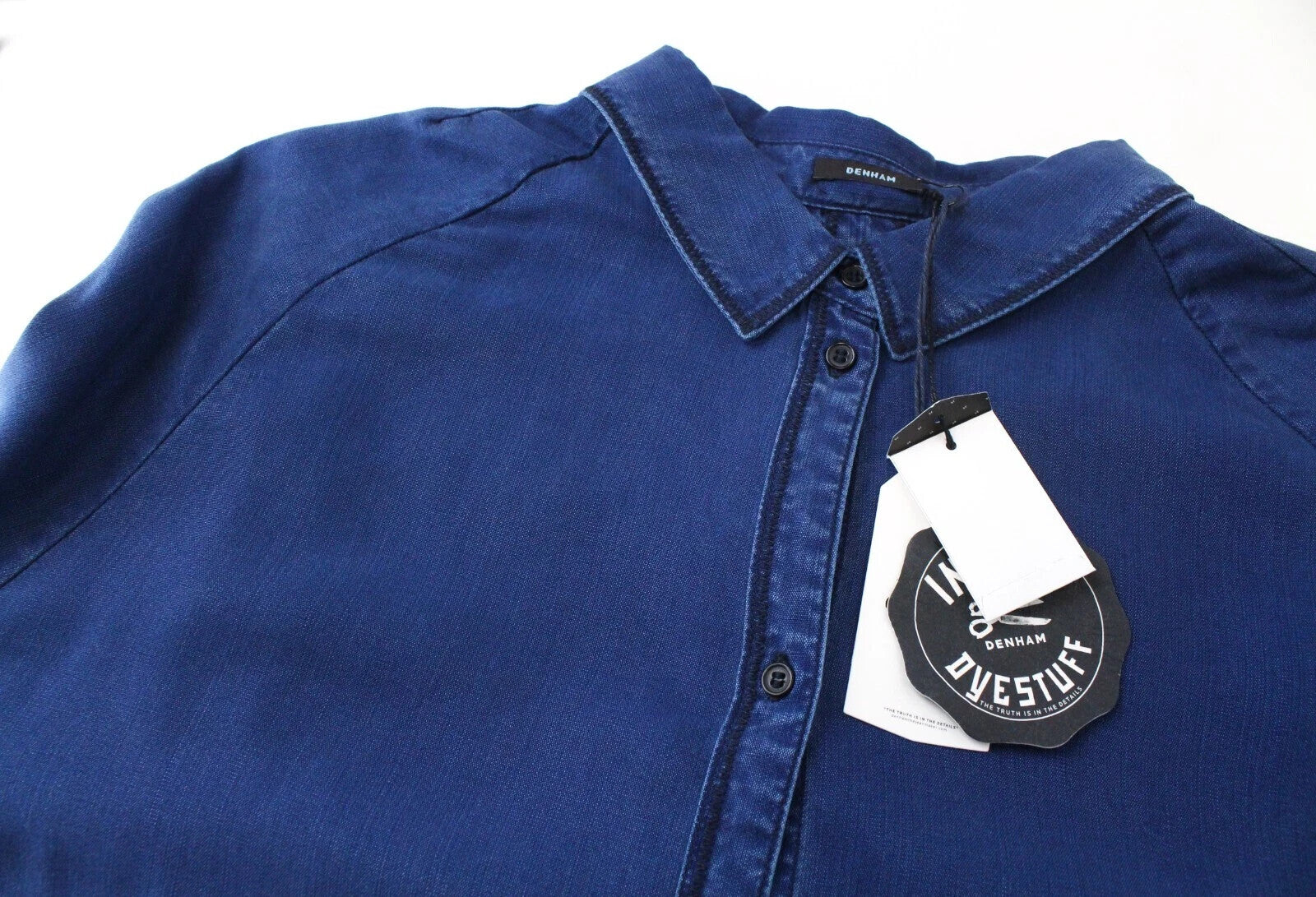 DENHAM Painters moteriški marškinėliai ilgomis rankovėmis, mėlyni, su sagomis apykakle, M dydžio 