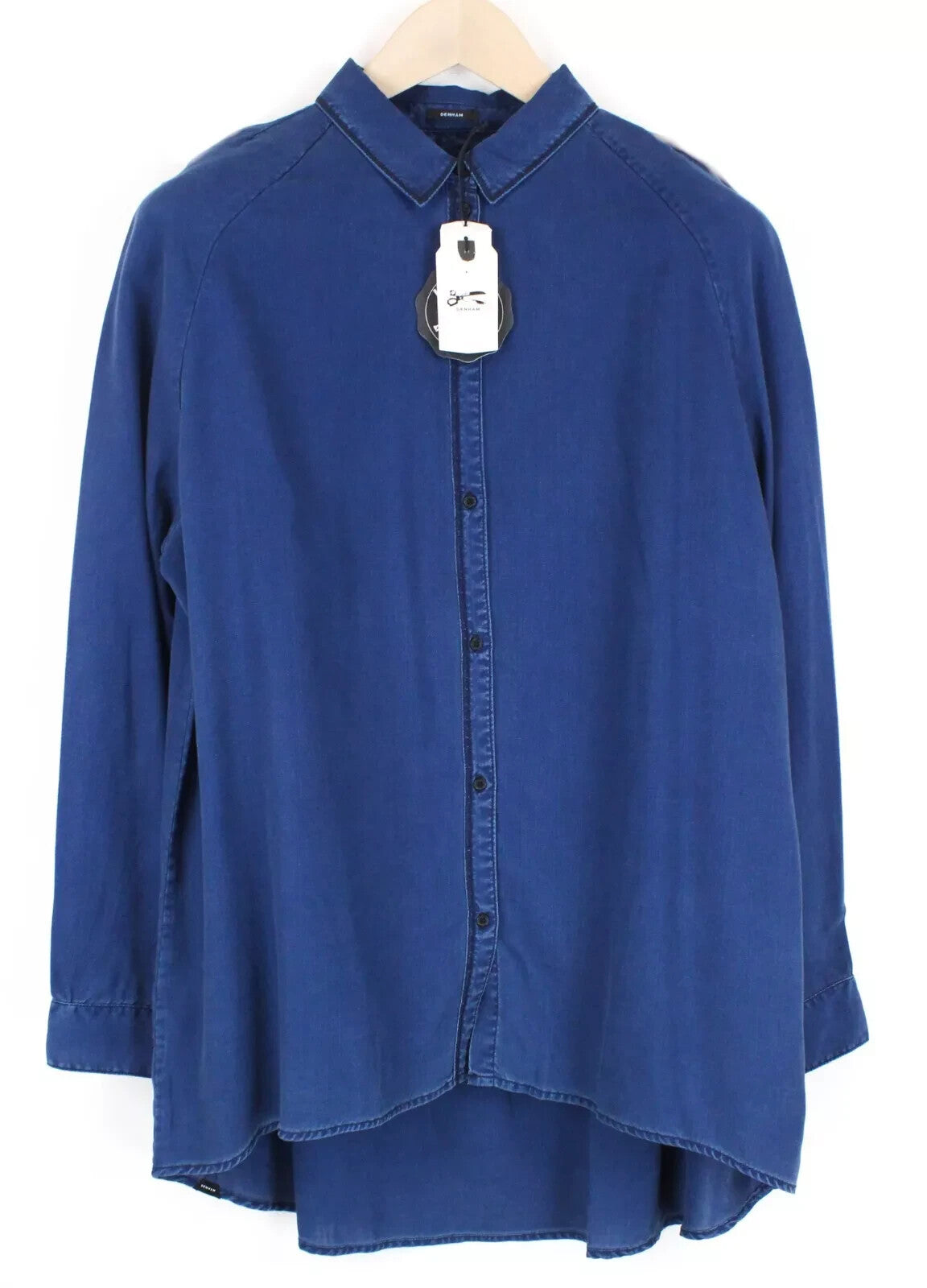 DENHAM Painters moteriški marškinėliai ilgomis rankovėmis, mėlyni, su sagomis apykakle, M dydžio 