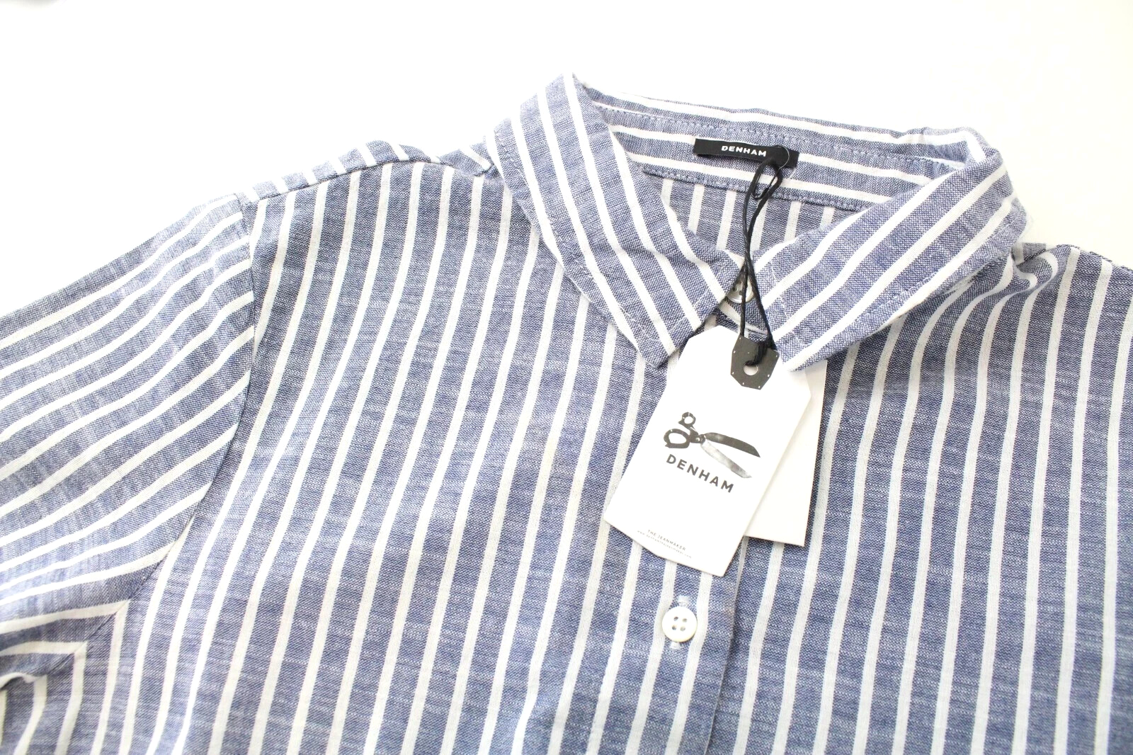 DENHAM Ellen moteriška suknelė XS dydžio, mėlyna dryžuota, trumpomis rankovėmis, medvilninė, sagomis užsegama. 