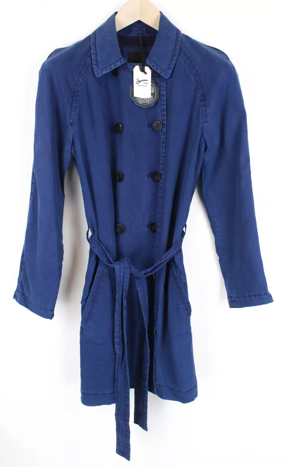DENHAM moteriškas paltas XS, mėlynas, su diržu, lengvas, dvieilis, vasarinis 