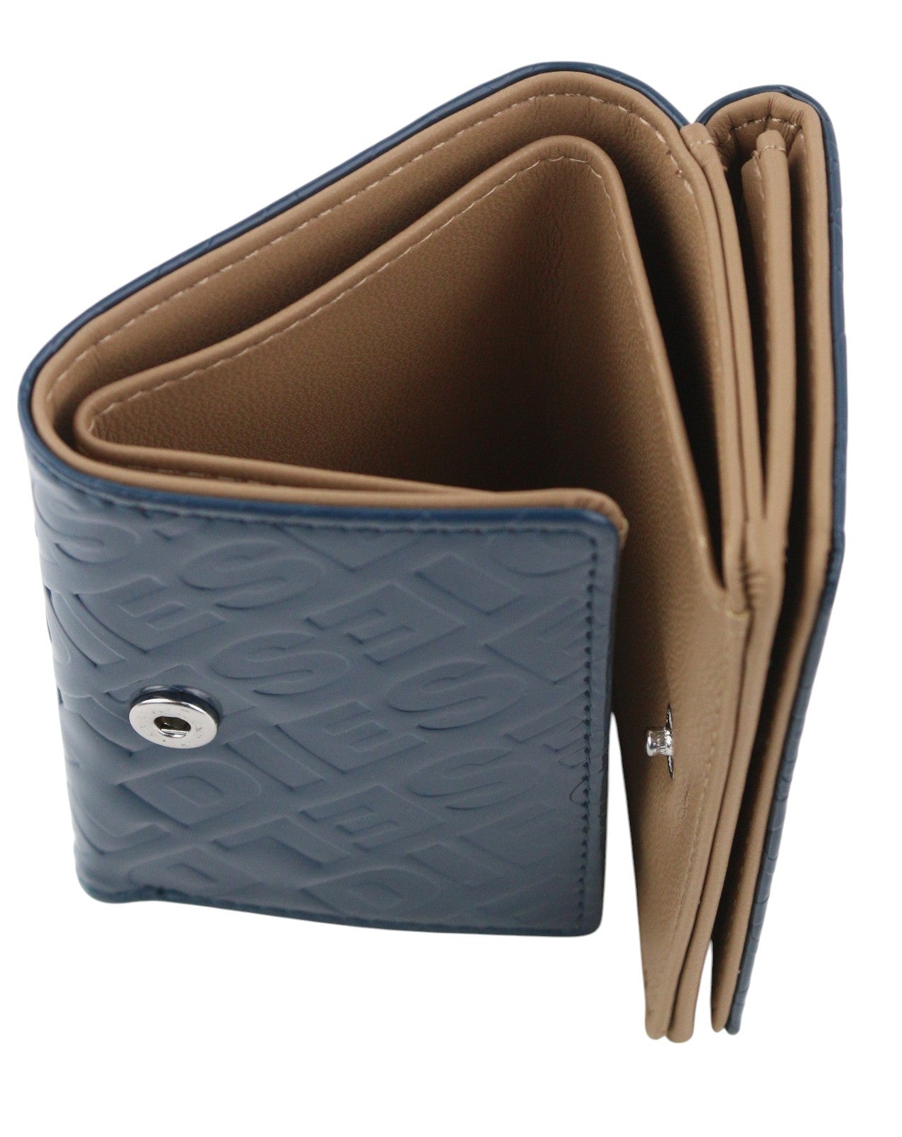 DIESEL Monogram Lorettina moteriška piniginė OS tamsiai mėlyna ruda dirbtinės odos raštas 