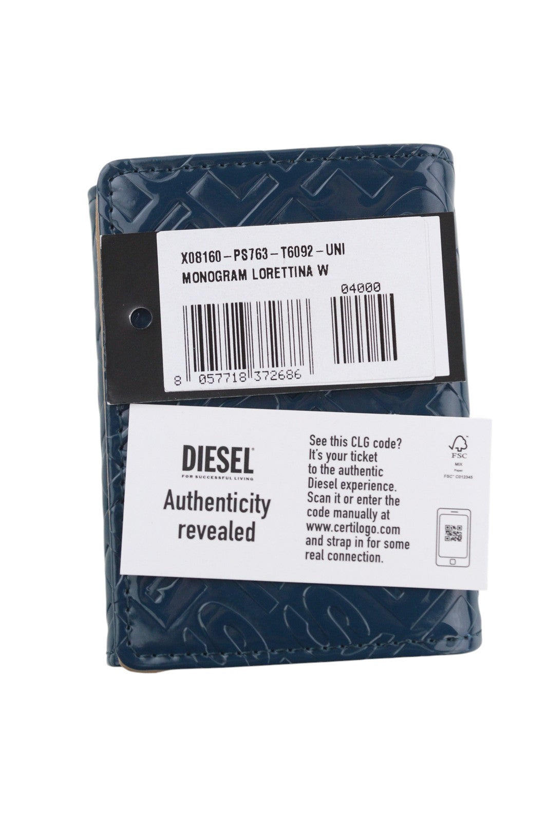 DIESEL Monogram Lorettina moteriška piniginė OS tamsiai mėlyna ruda dirbtinės odos raštas 