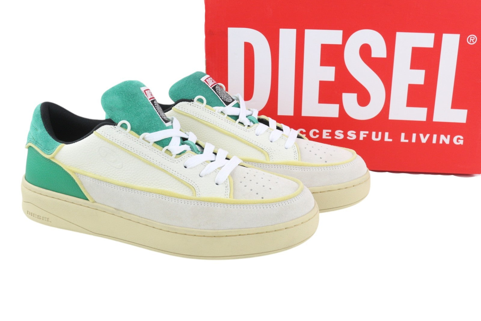 DIESEL S-Sinna žemakulniai vyriški sportbačiai, EU44, balti odiniai, su raišteliais, žemakulniai su logotipu, RRP 160 € 