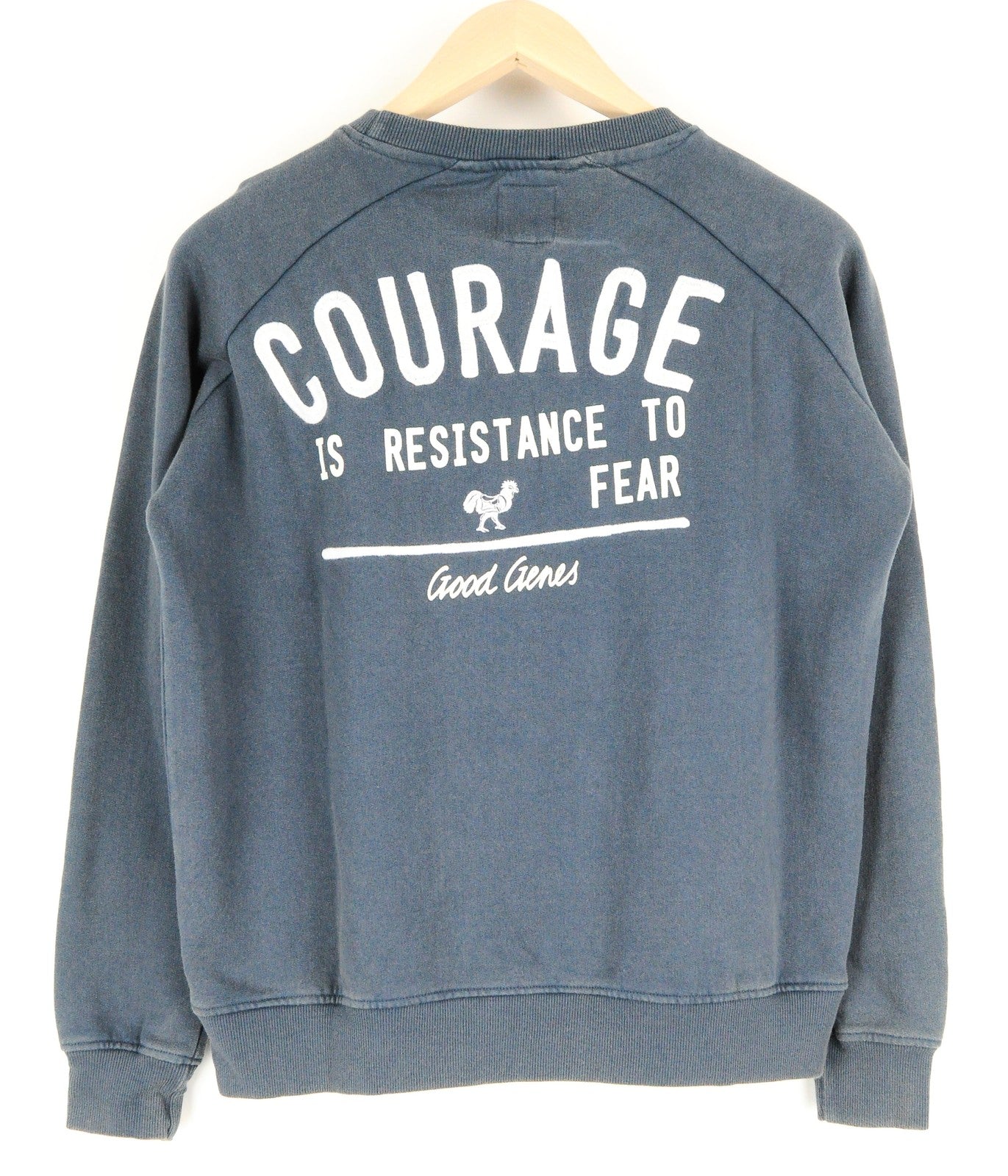 GOOD GENES vyriškas tamsiai mėlynas megztinis su logotipu, S dydžio, grynos medvilnės ilgomis rankovėmis 