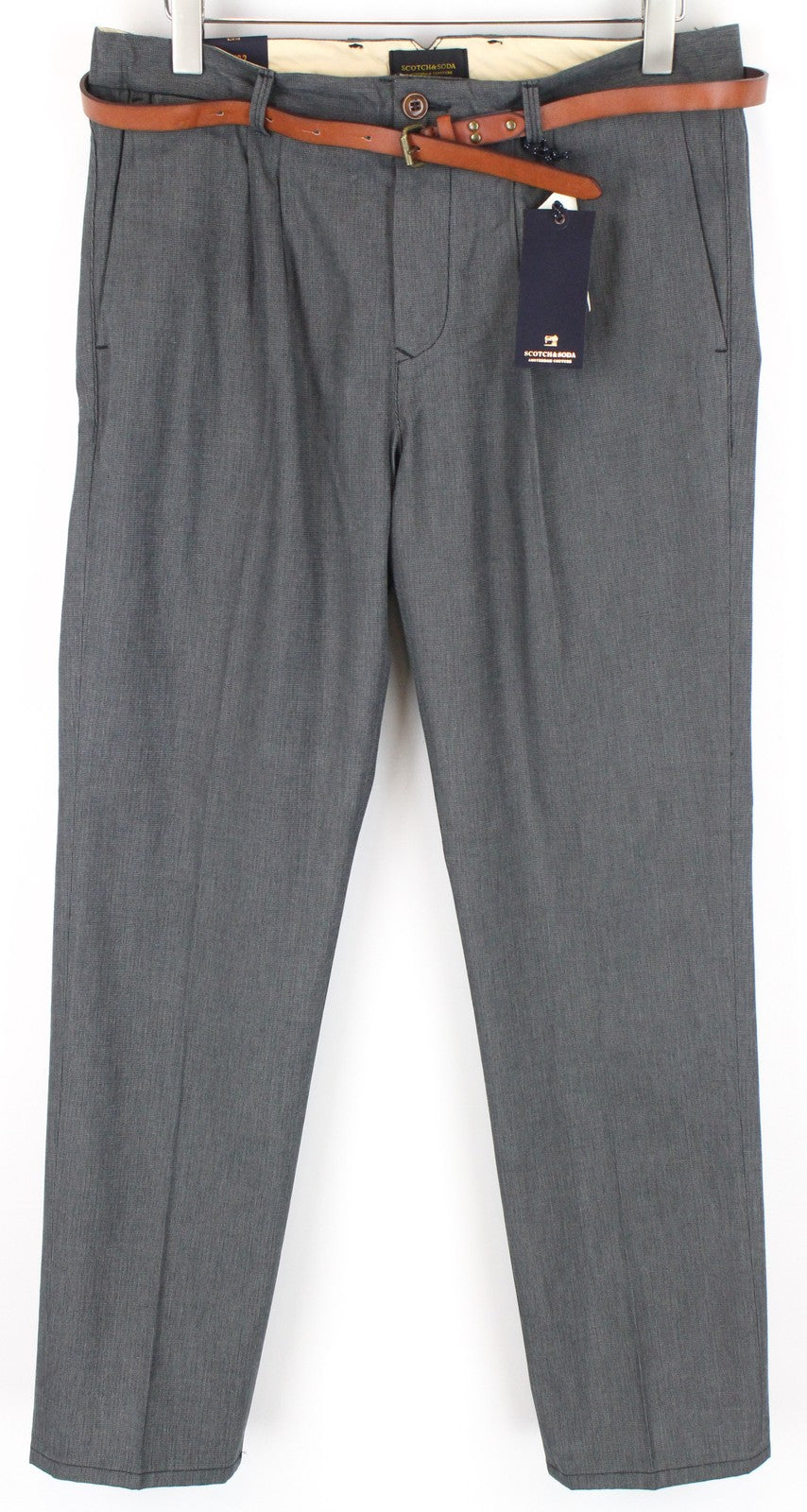 SCOTCH & SODA Stuart Men's Trousers W33/L32 Slim Pleated Grey Cotton Belted