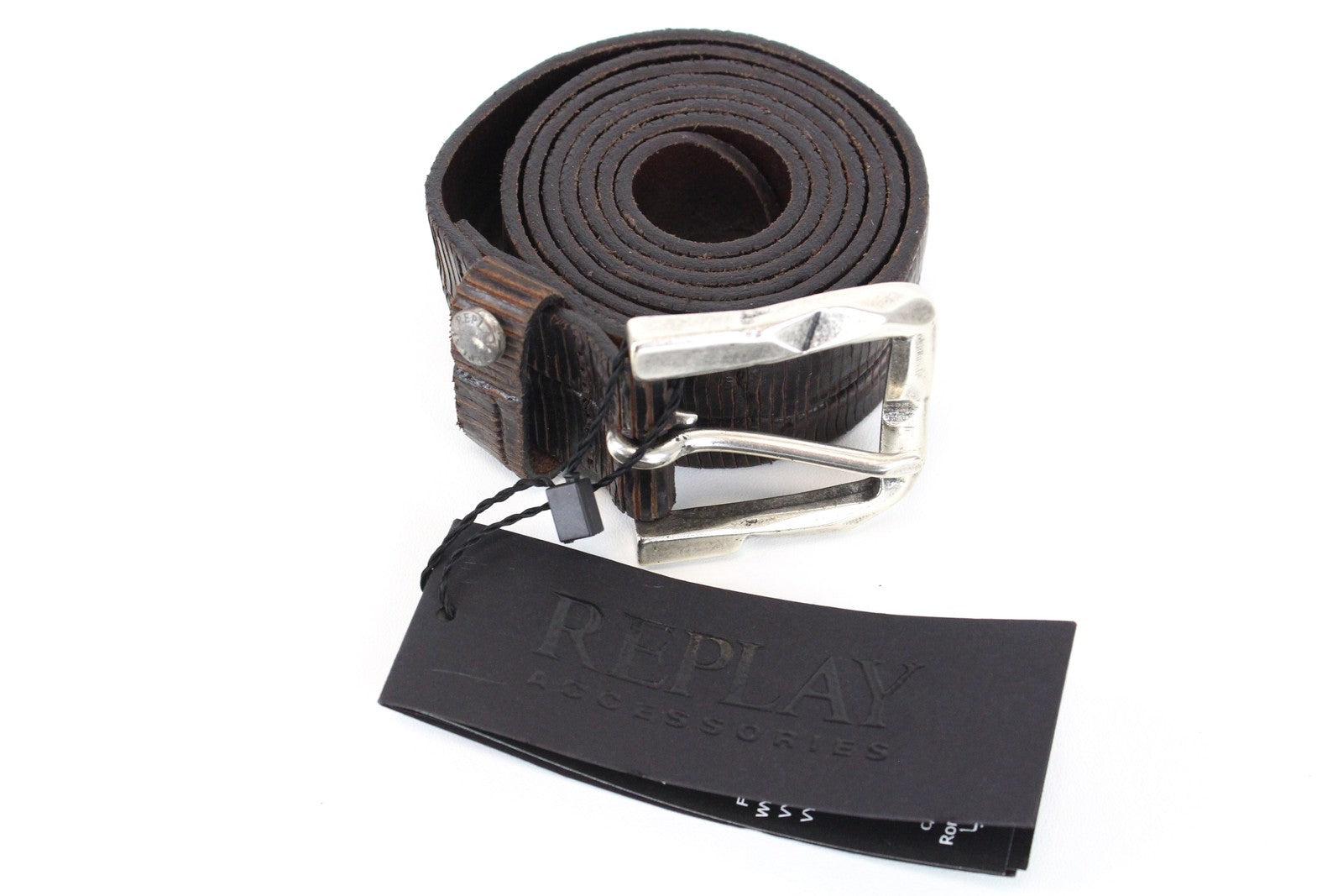 REPLAY vyriškas diržas 100 cm rudas karvės odos sagtis su raštuota metaline užsegimu 