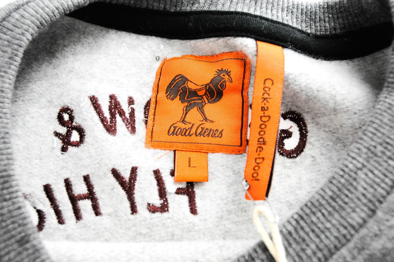 „GOOD GENES“ pilkas medvilnės mišinio vyriškas džemperis ilgomis rankovėmis su logotipu ir L dydžio megztinis 