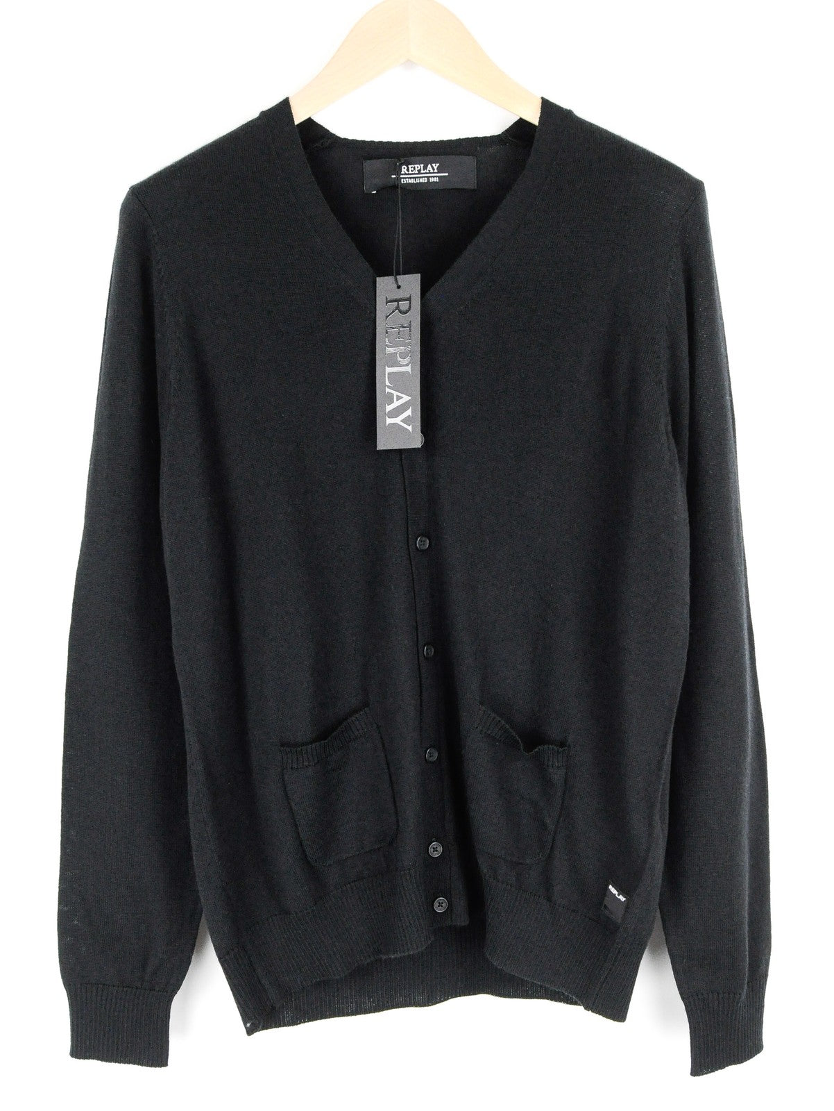 REPLAY megztinis M, juodas, vilnos mišinio, ilgomis rankovėmis, vyriškas megztas kardiganas, laisvalaikio stiliaus 