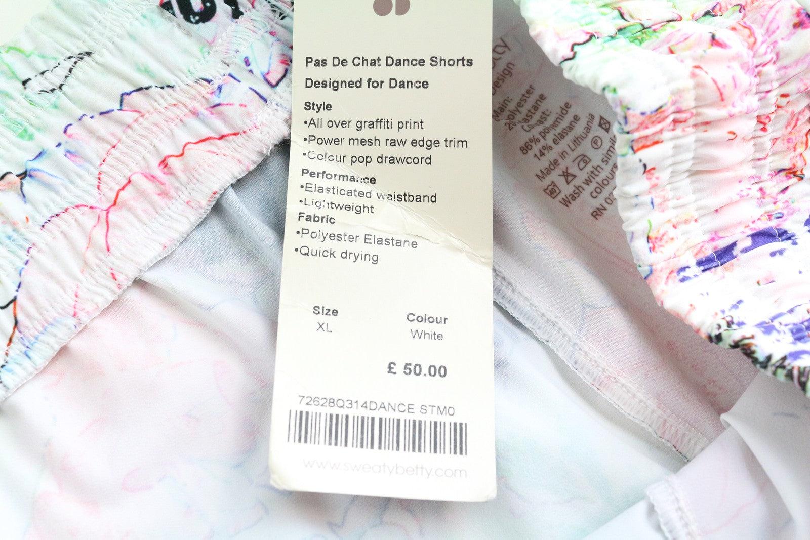 SWEATY BETTY Pas De Chat moteriški šortai XL dydžio, lengvi šokių rašto grafiti kirpimo šortai 