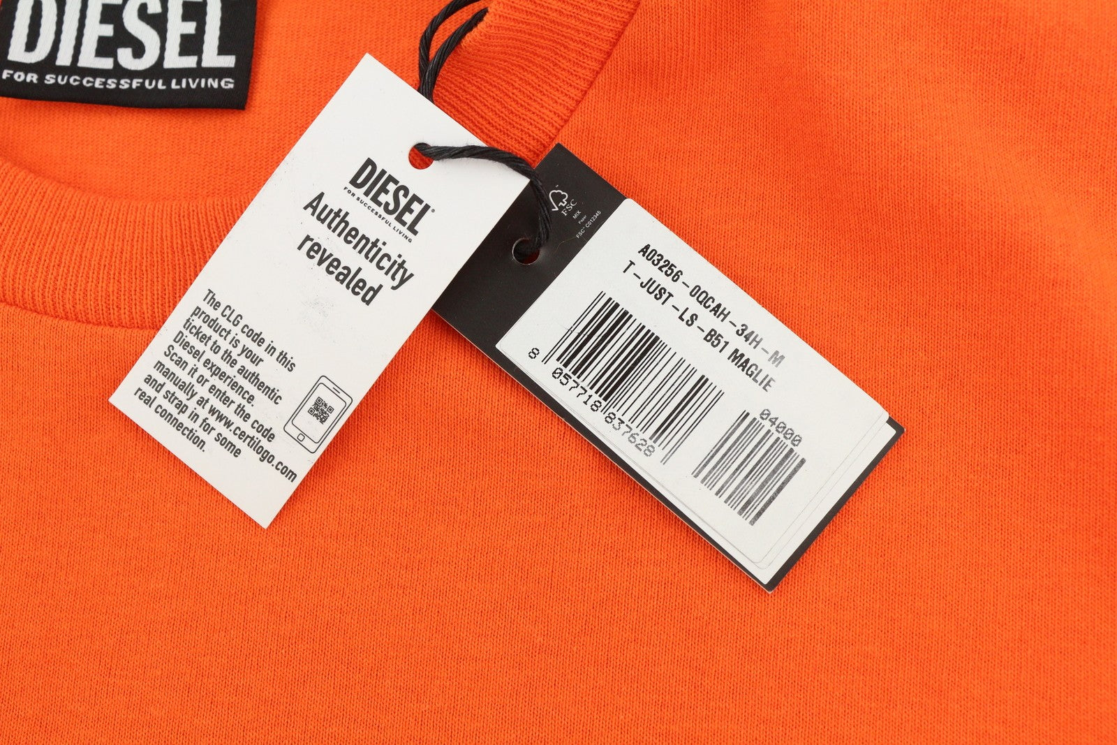 DIESEL T-Just-LS-B51 vyriški marškinėliai M, oranžiniai, apvalia apykakle, ilgomis rankovėmis, medvilniniai. Rekomenduojama kaina – 80 €. 