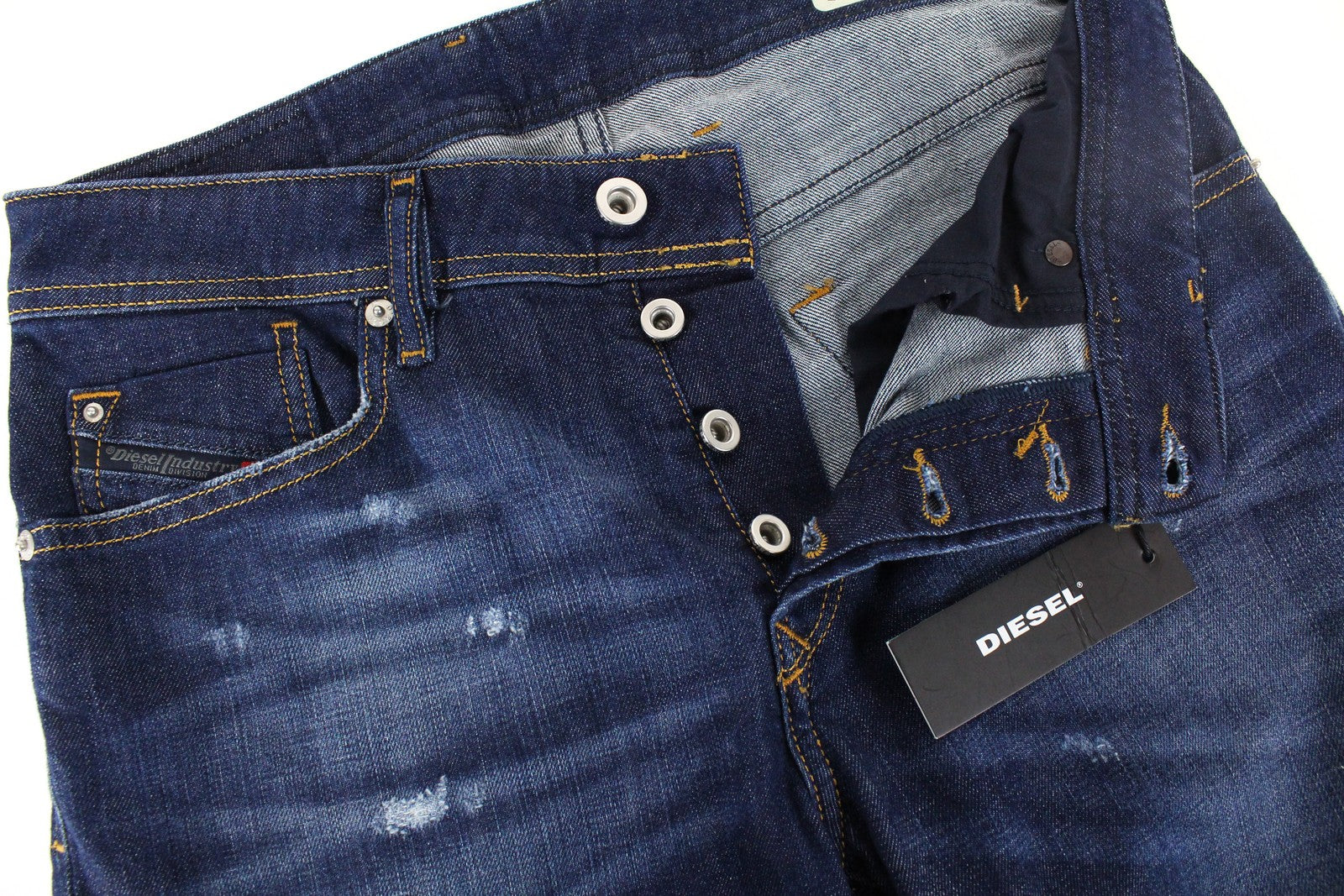 DIESEL Waykee R7NA8 Men's Jeans W28/L30 Blue Cotton Stretch Ripped Straight Fit