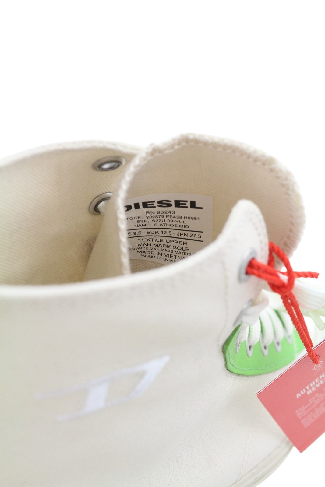 DIESEL S-Athos Mid vyriški sportbačiai, EU42.5, balti, suvarstomi, migdolų nosimi, logotipas, RRP 175 € 