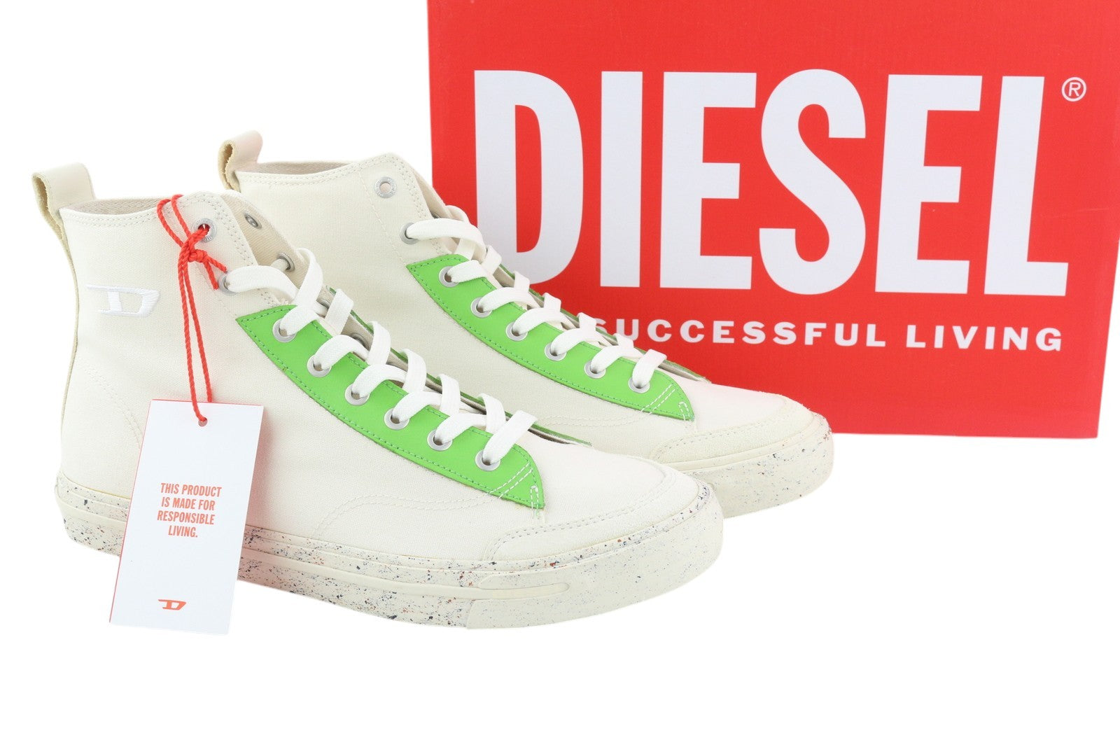 DIESEL S-Athos Mid vyriški sportbačiai, EU44, balti, suvarstomi, migdolų nosimi, logotipas, RRP 175 € 