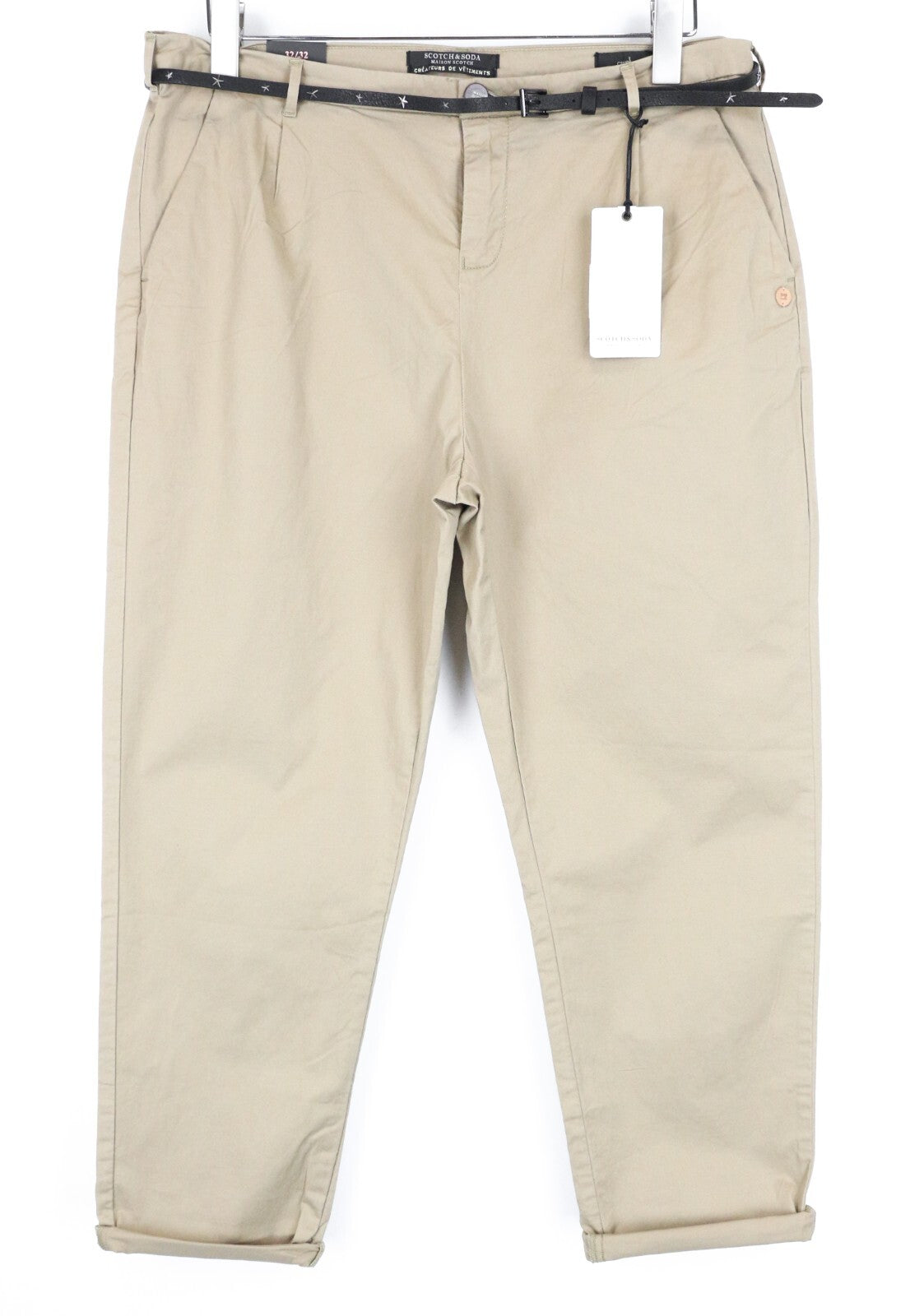 MAISON SCOTCH moteriškos kelnės W32/L32 rudos medvilninės trumpintos klostuotos chino kelnės 