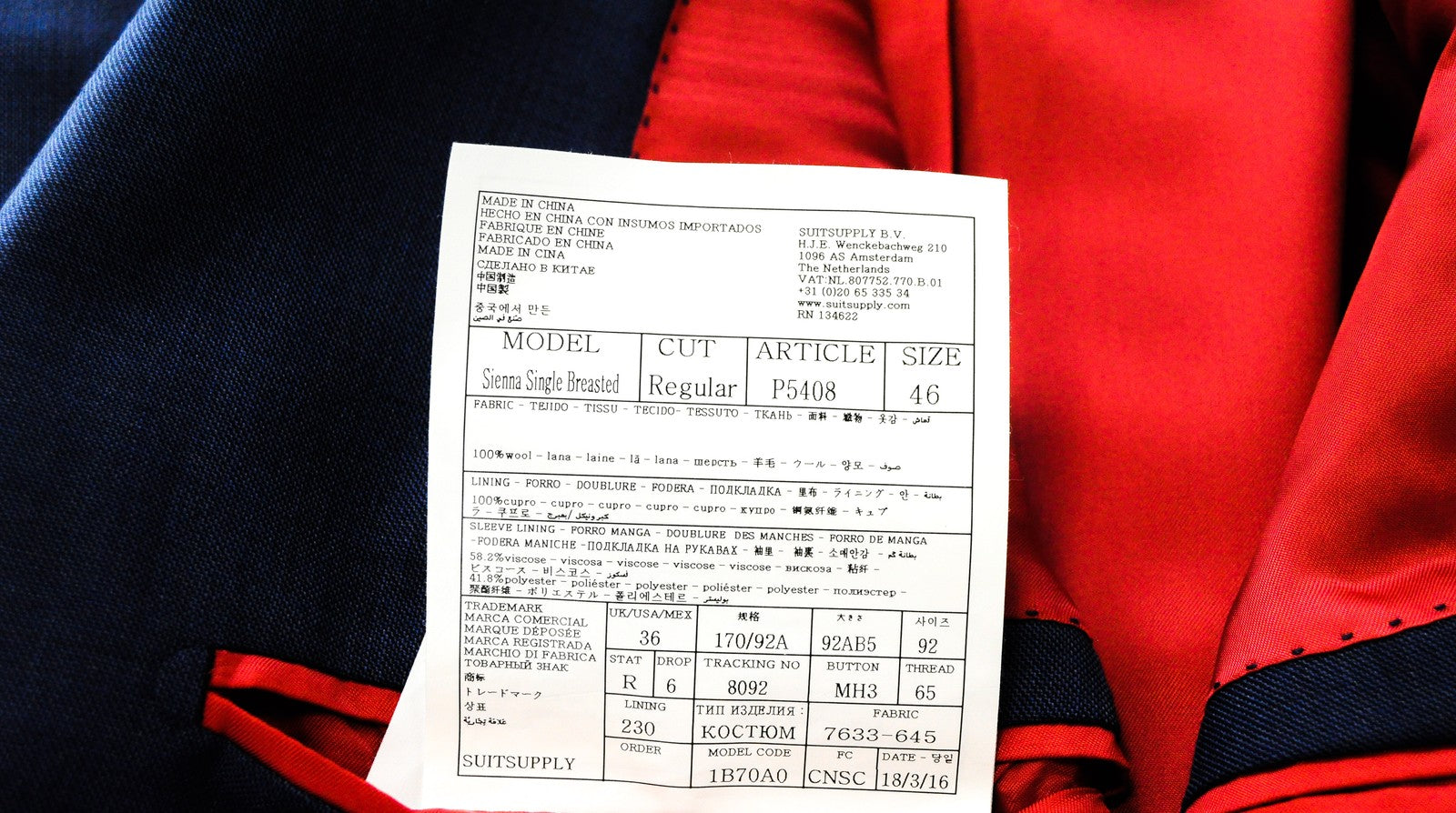 SUITSUPPLY Sienna vyriškas švarkas UK36R vilnonis Super 140's mėlynas 