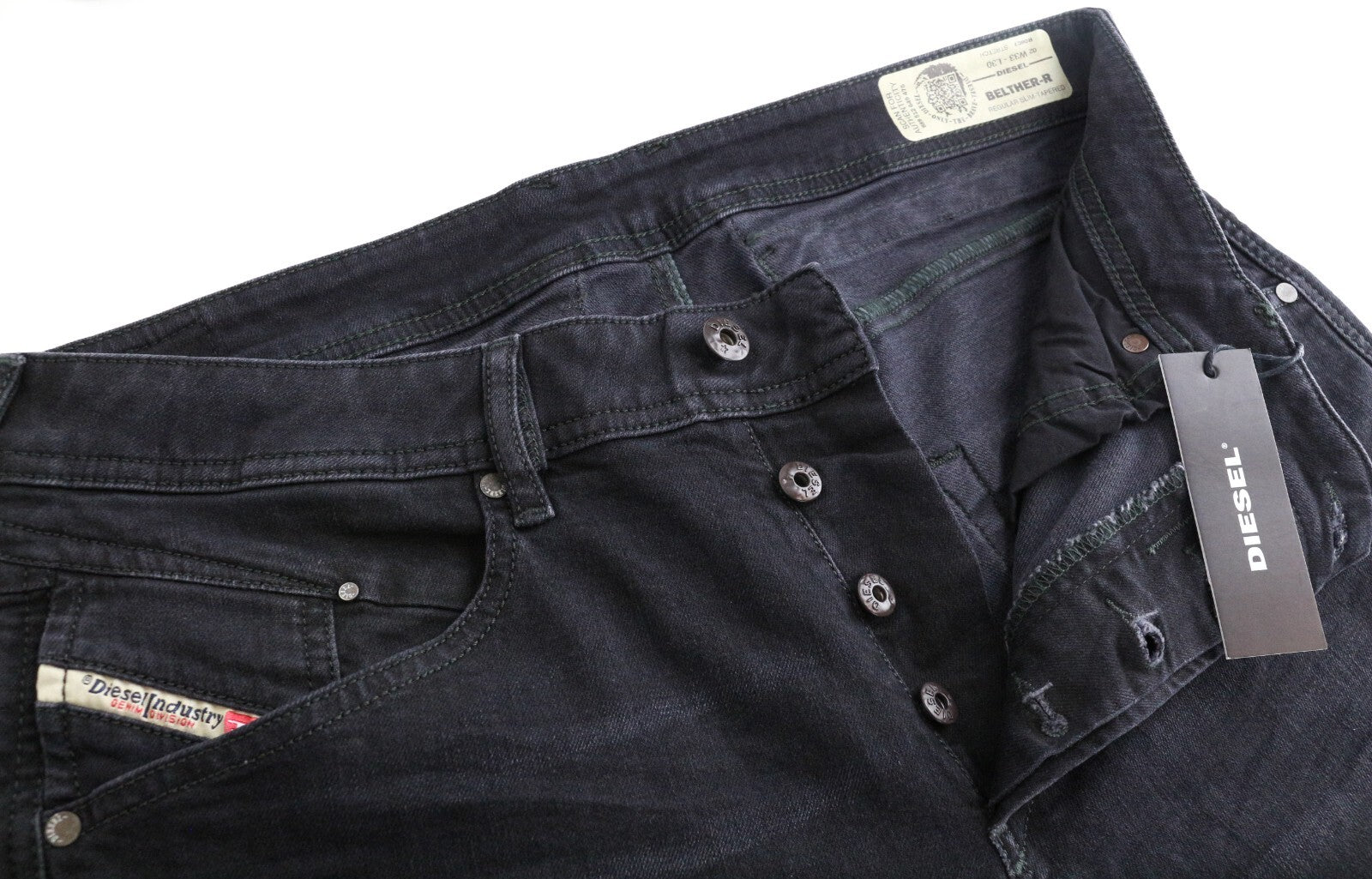 DIESEL Belther-R R06C7 vyriški džinsai W33/L30 Slim Tapered Black washed Stretch 