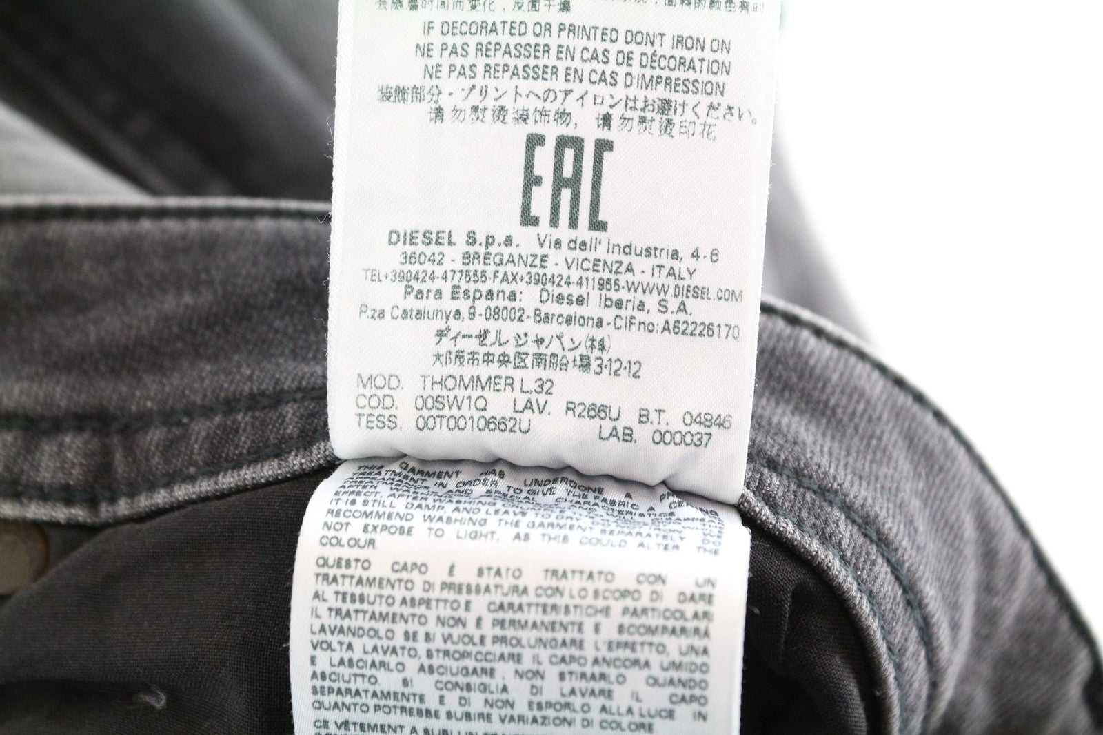 DIESEL Thommer R266U vyriški džinsai W38/L32 Slim Skinny Fit, plėšytos pilkos medvilnės 