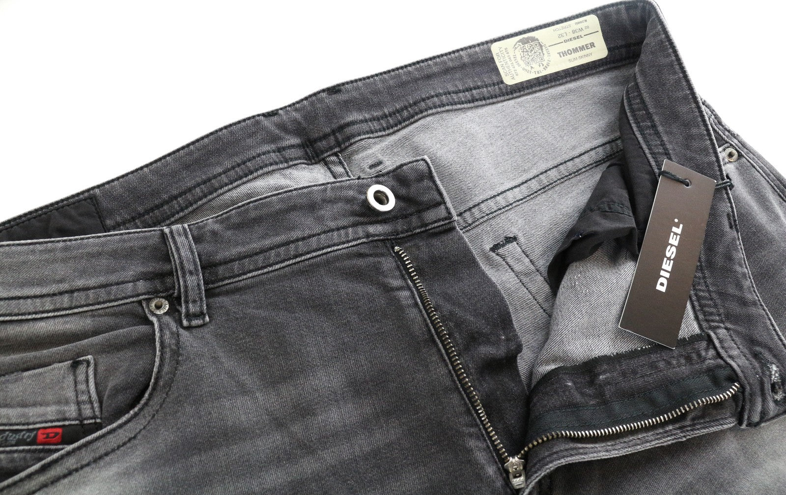 DIESEL Thommer R266U vyriški džinsai W38/L32 Slim Skinny Fit, plėšytos pilkos medvilnės 