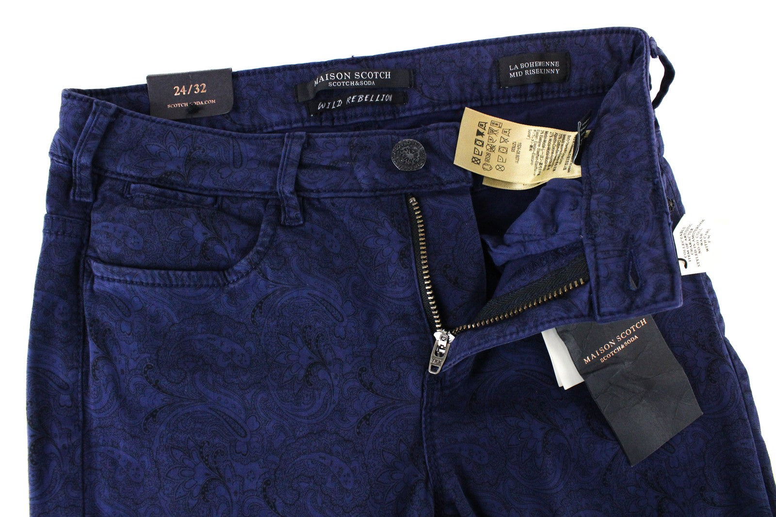 MAISON SCOTCH La Bohemienne moteriškos kelnės W24/L32 aptemptos raštuotos mėlynos 