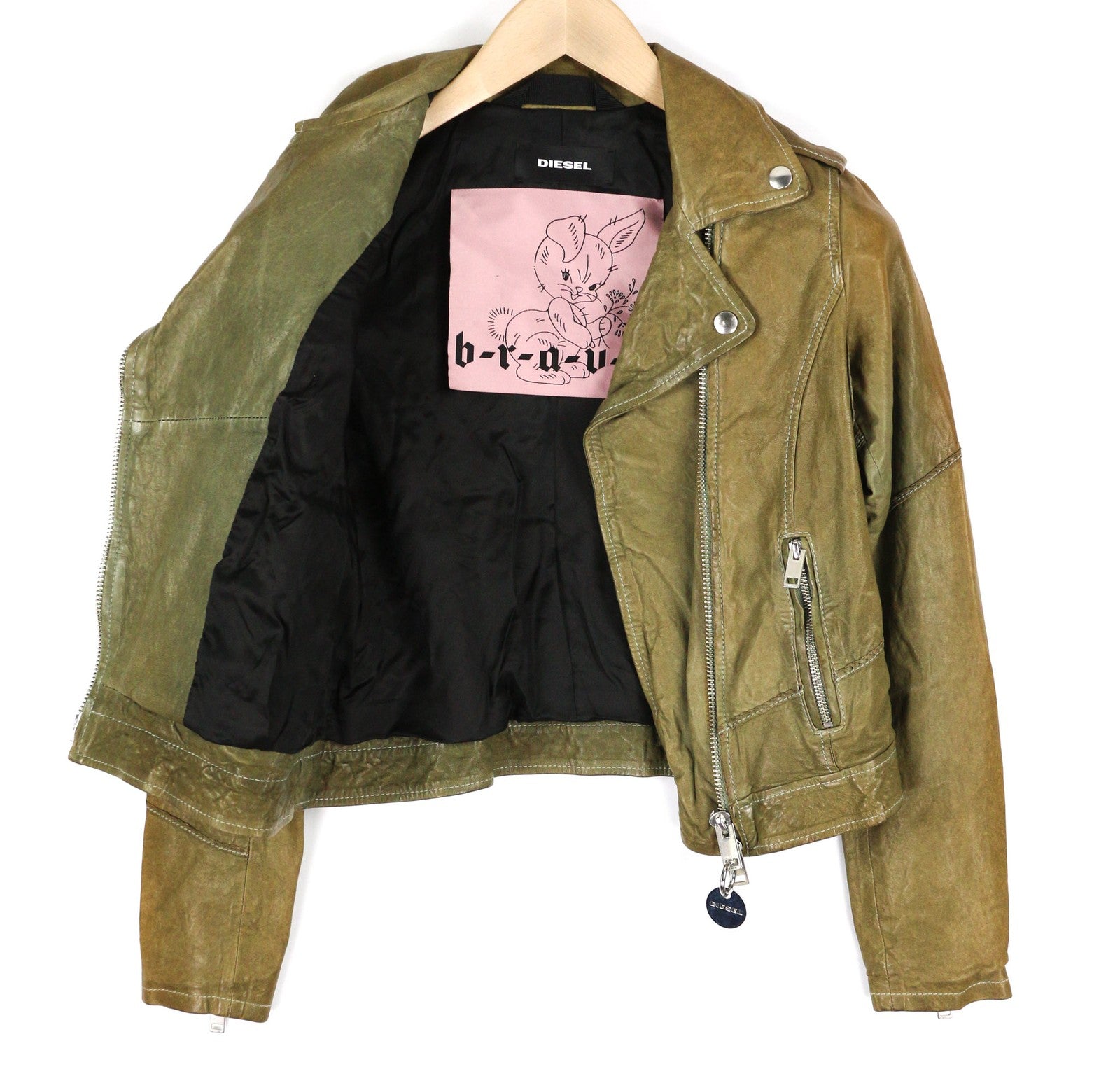 DIESEL R-Sery moteriška striukė XS su avikailio oda, asimetrišku užtrauktuku ir įpjova atlape. 