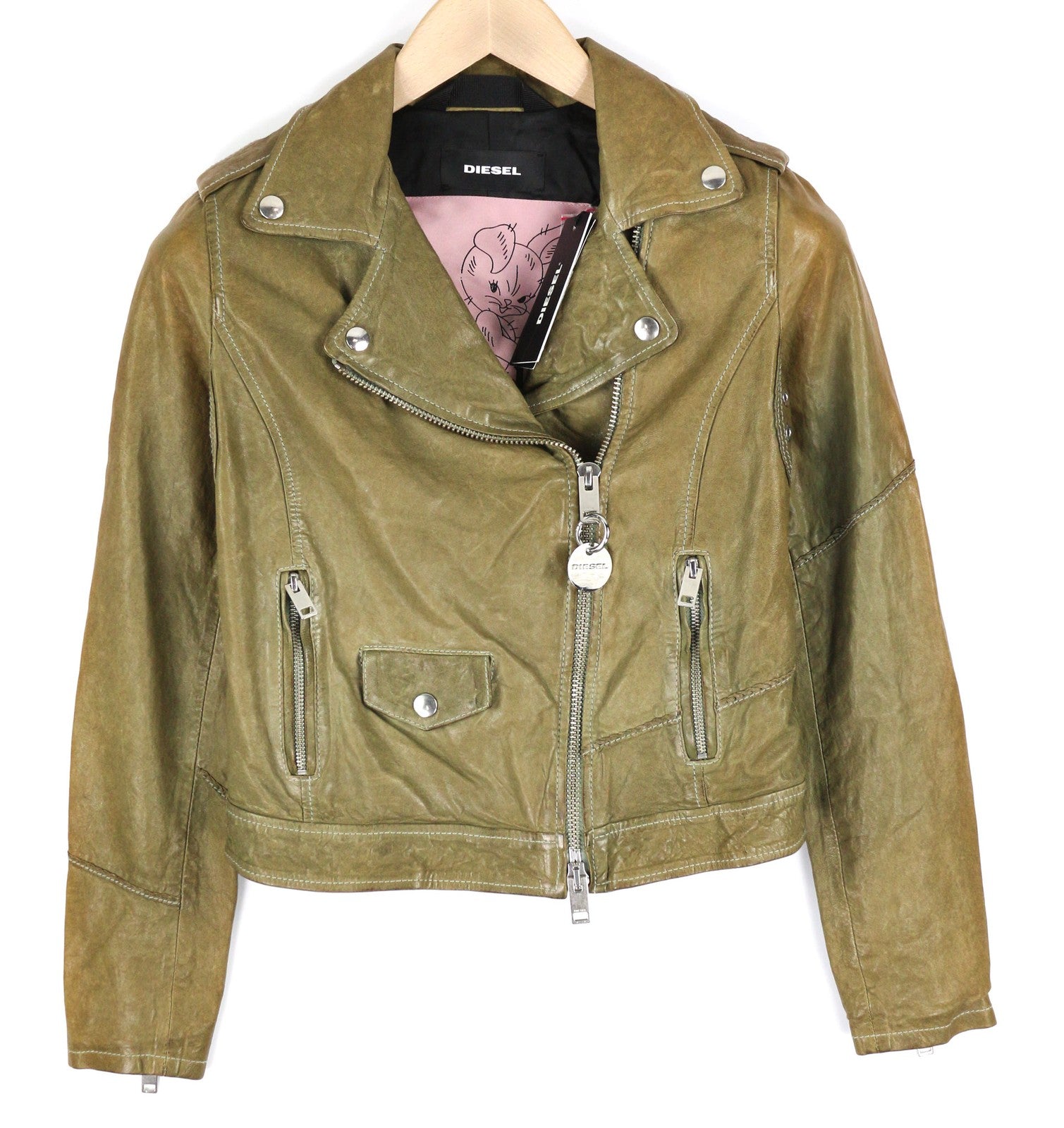 DIESEL R-Sery moteriška striukė XS su avikailio oda, asimetrišku užtrauktuku ir įpjova atlape. 