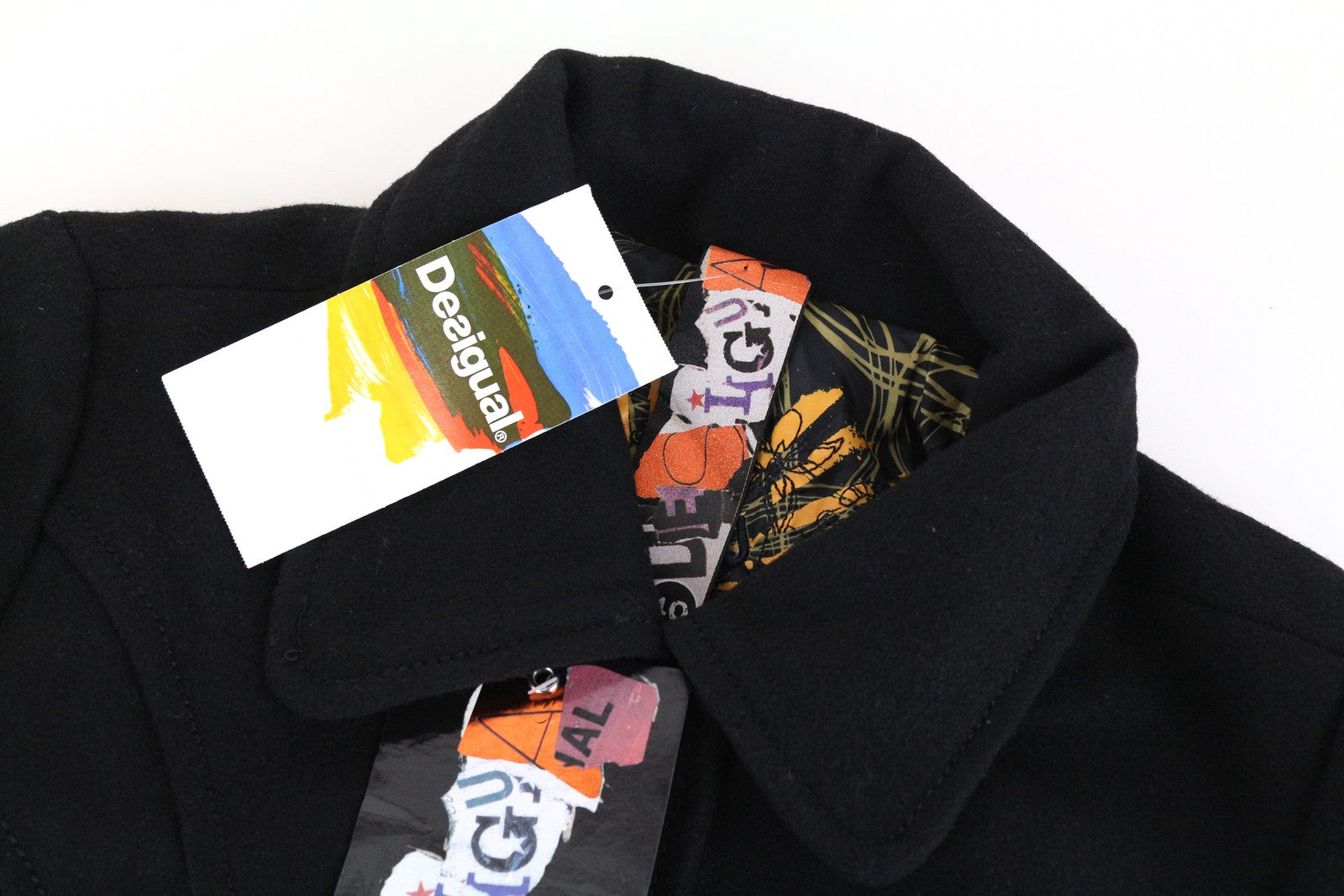 DESIGUAL Diana moteriškas paltas 40 juodas siuvinėta vienaeilis apykaklė 