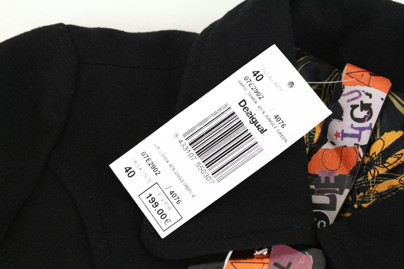 DESIGUAL Diana moteriškas paltas 40 juodas siuvinėta vienaeilis apykaklė 