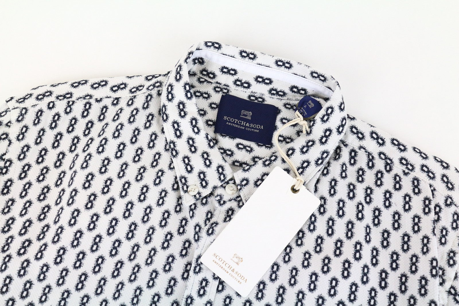 SCOTCH &amp; SODA Ams Couture vyriški marškinėliai L balti raštuoti medvilniniai rankoviai