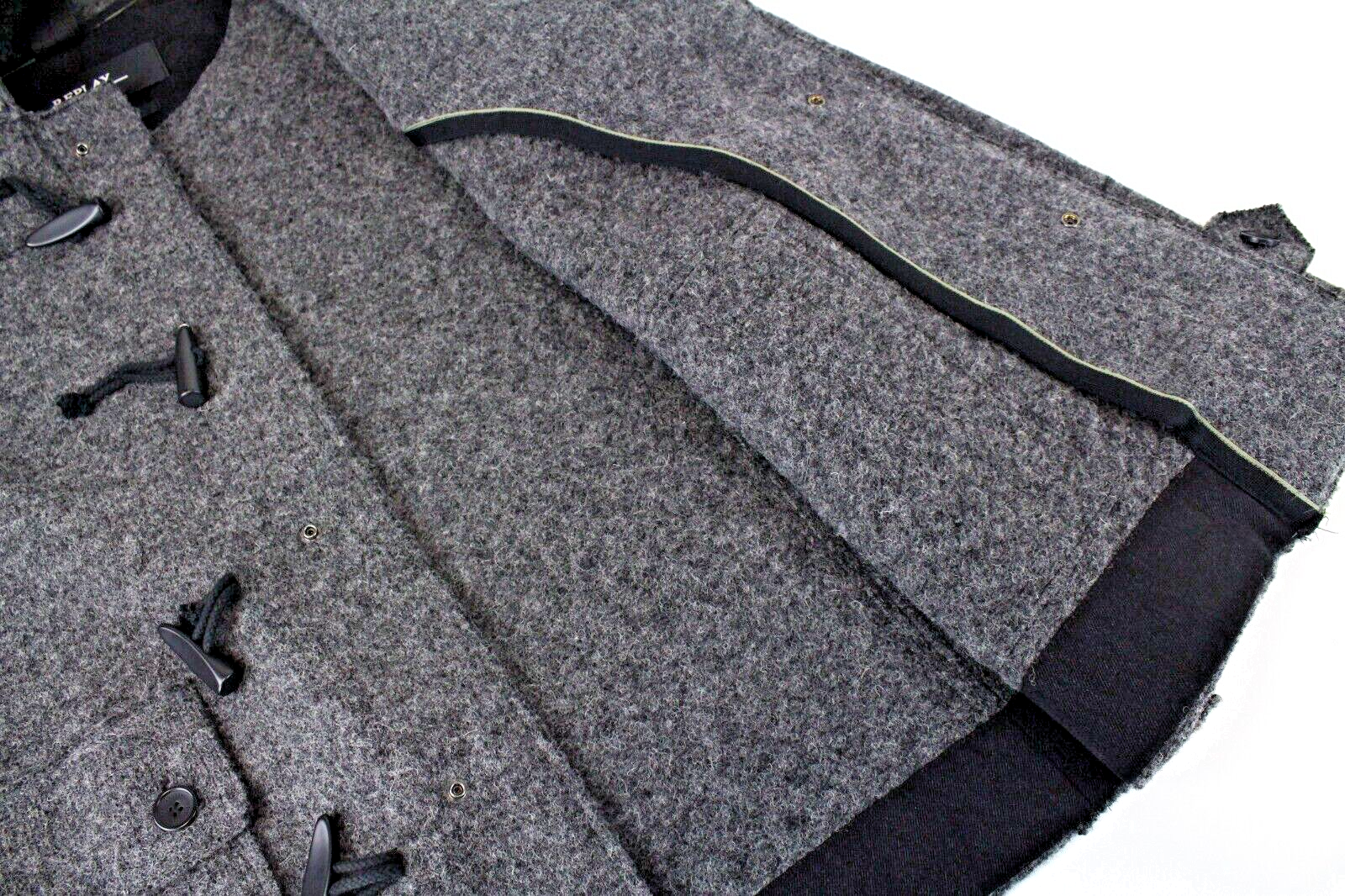 REPLAY vyriškas pilkas vilnos mišinio paltas M su gobtuvu ir pamušalu ilgomis rankovėmis 