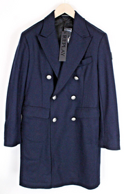 REPLAY Mens Navy Wool Blend Coat 48 Double-Breasted Collared Lined Long Sleeve