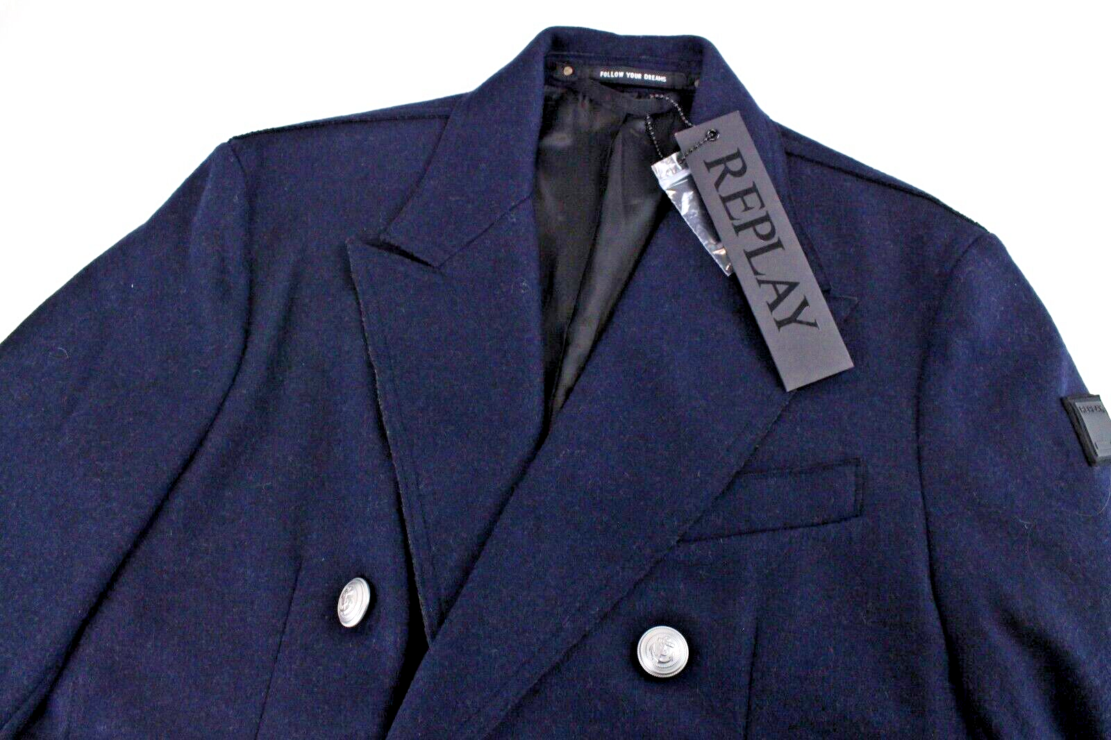 REPLAY Mens Navy Wool Blend Coat 48 Double-Breasted Collared Lined Long Sleeve