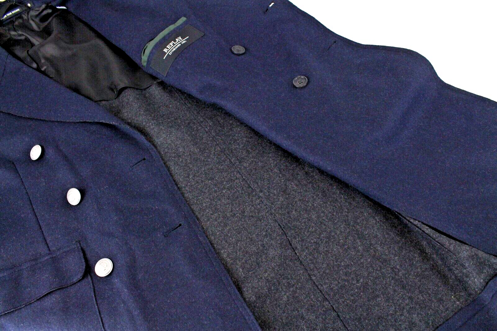 REPLAY Mens Navy Wool Blend Coat 48 Double-Breasted Collared Lined Long Sleeve
