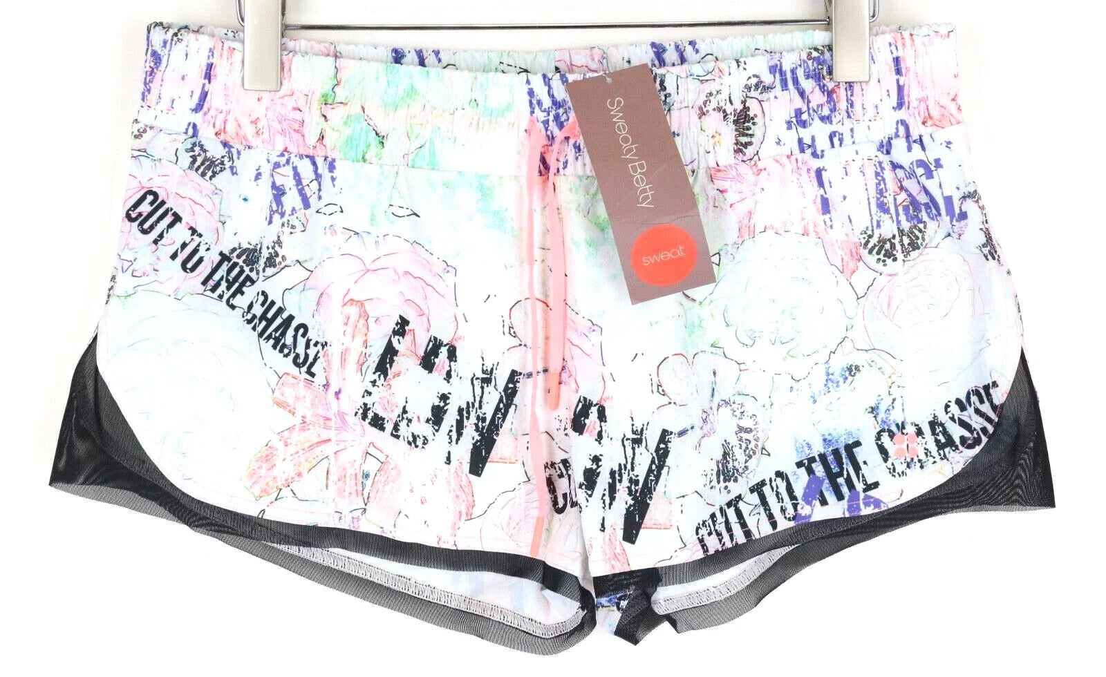 SWEATY BETTY Pas De Chat moteriški šortai XL dydžio, balti, raštuoti, tamprūs 