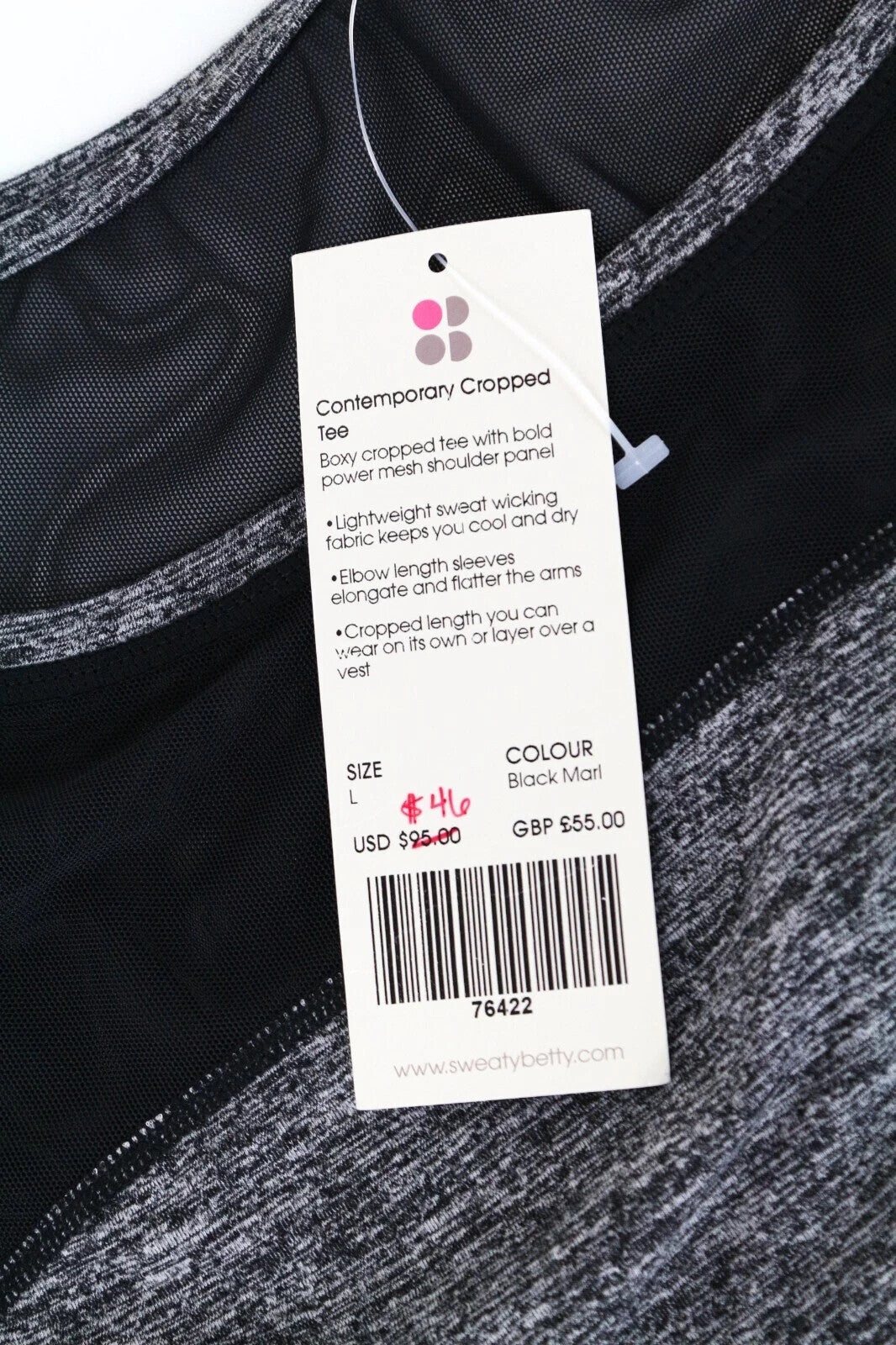 SWEATY BETTY Contemporary Women's T-Shirt L Grey Cropped Stretch Sleeves